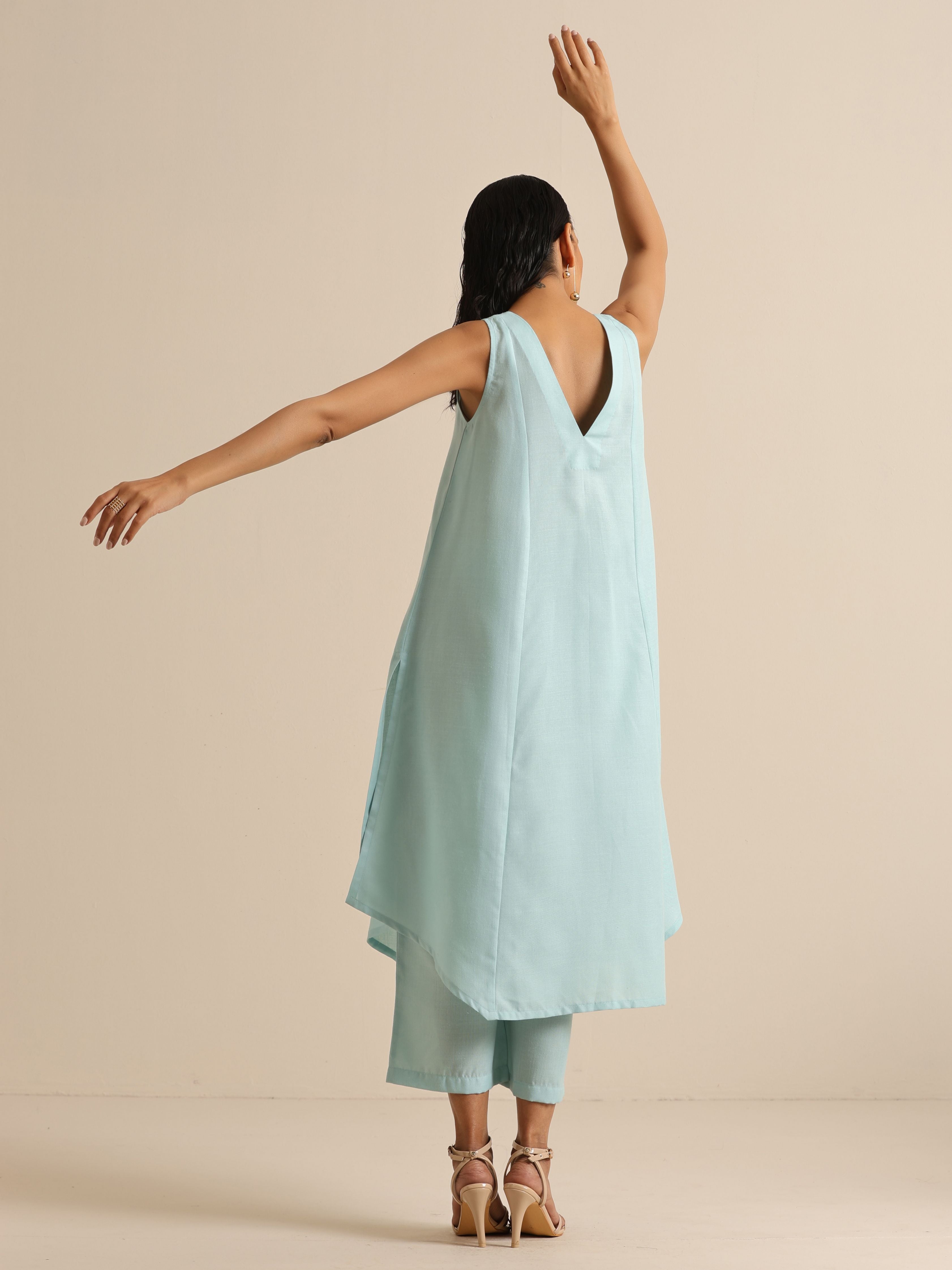 trueBrowns Sky Blue Slub Sleeveless Flared Kurta Pant Set - Distacart