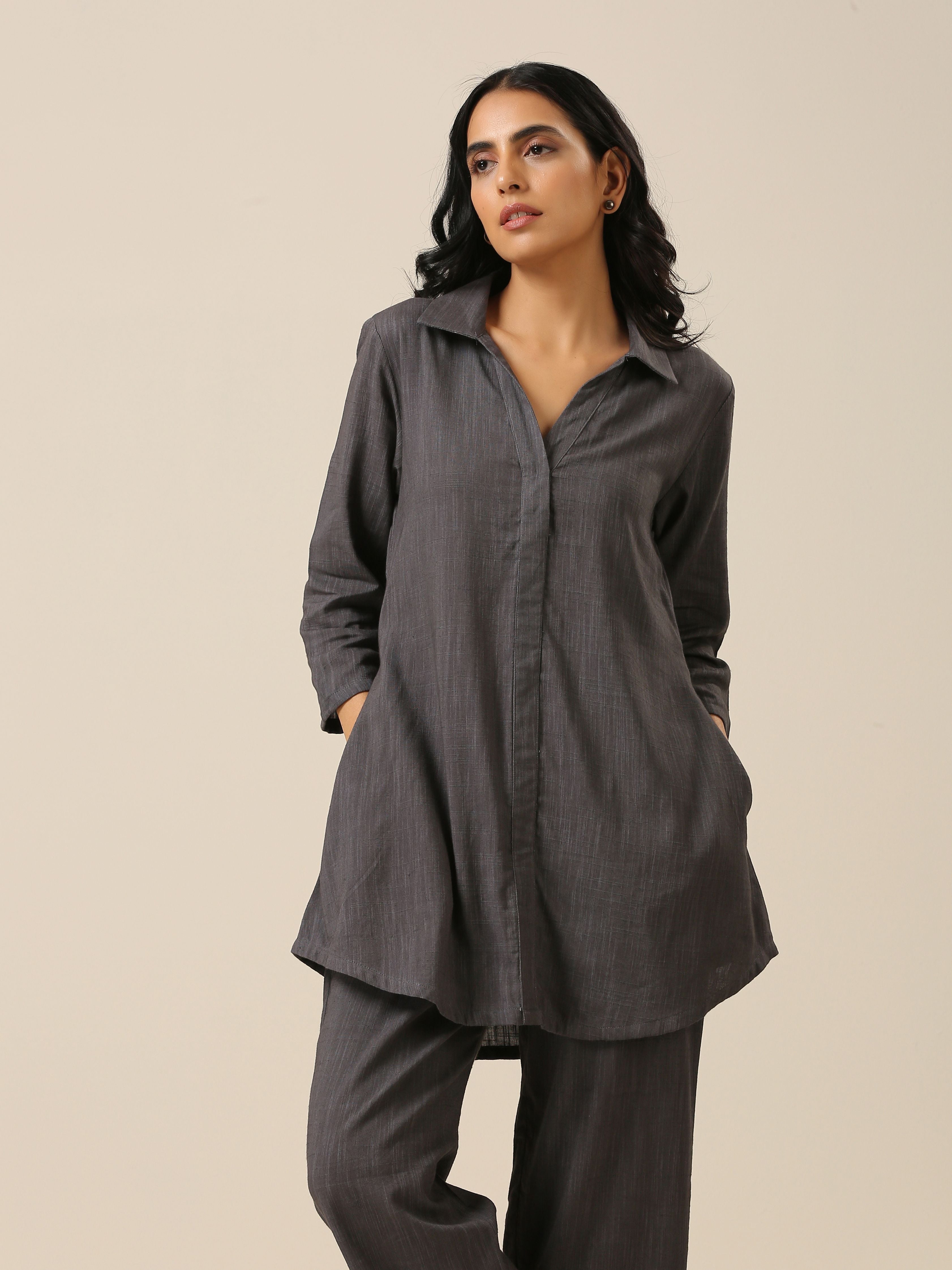 trueBrowns Slate Grey Slub Texture Collar Short Co-Ord Set - Distacart