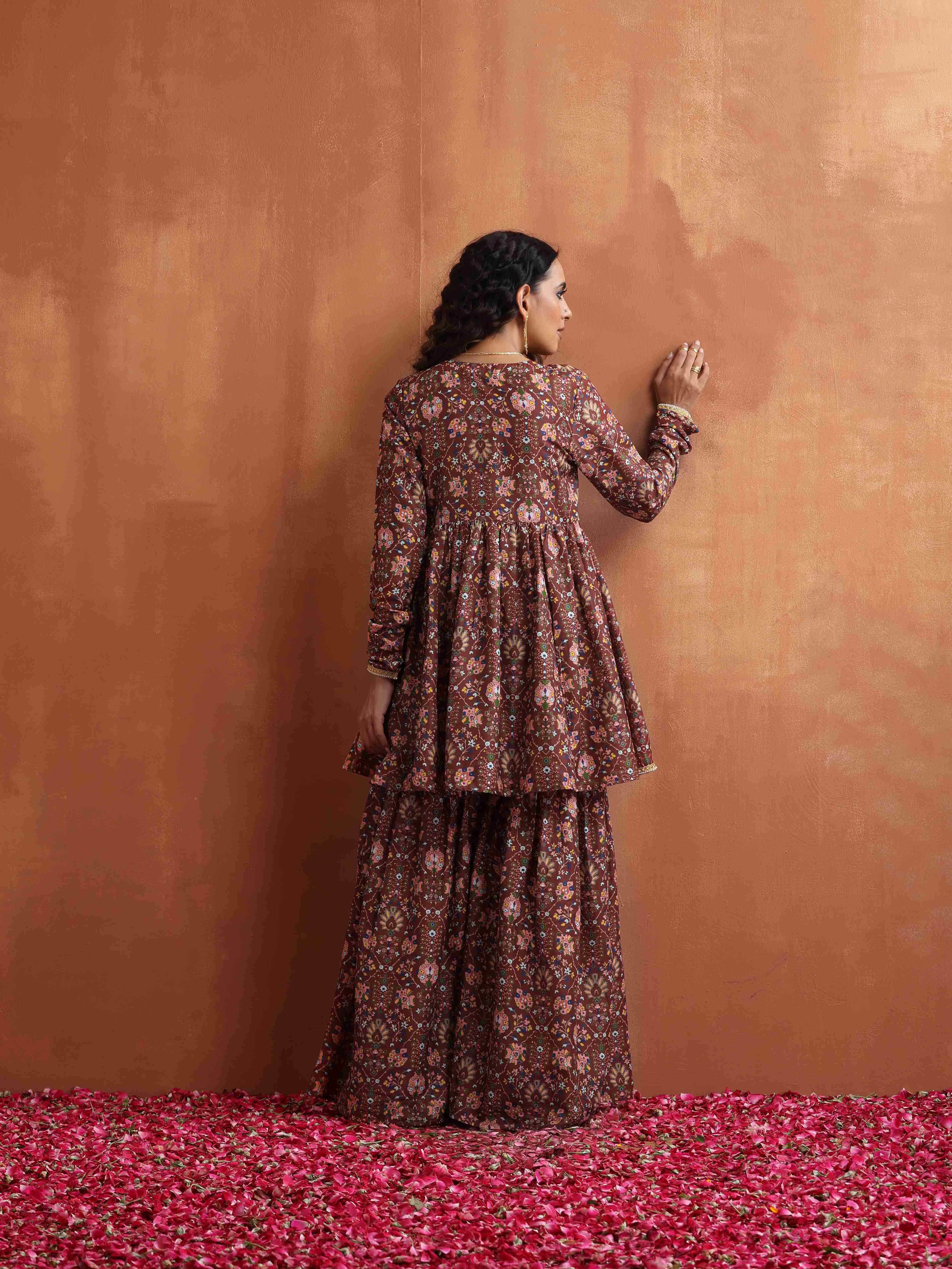 trueBrowns Brown Print Sharara Set - Distacart
