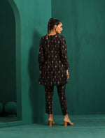 Thumbnail for trueBrowns Black Tonal Ikat Muslin Silk Printed V-Neck Front Pleat Co-ord Set - Distacart