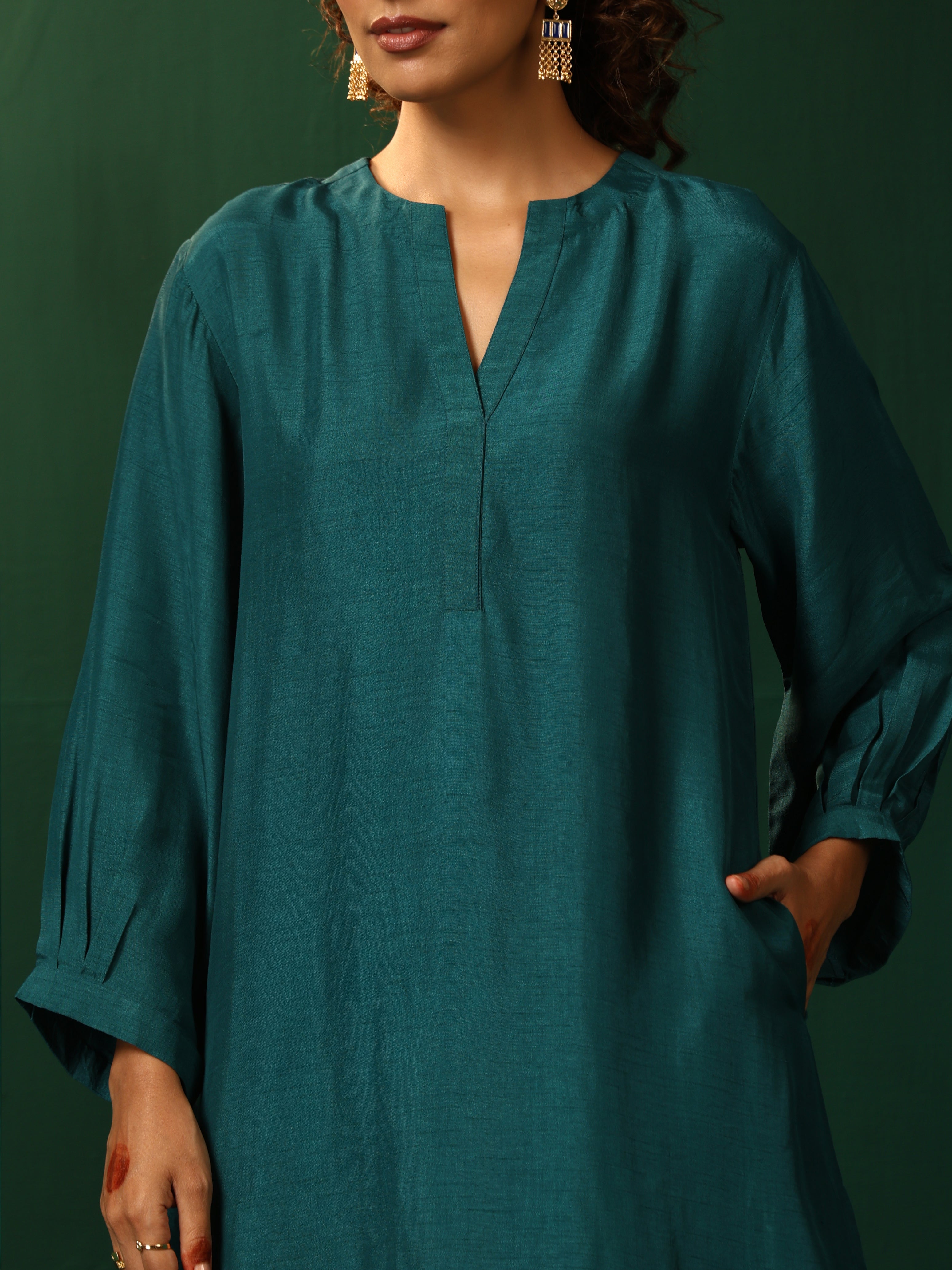 trueBrowns Teal Silk Relaxed Placket Co-ord Set - Distacart