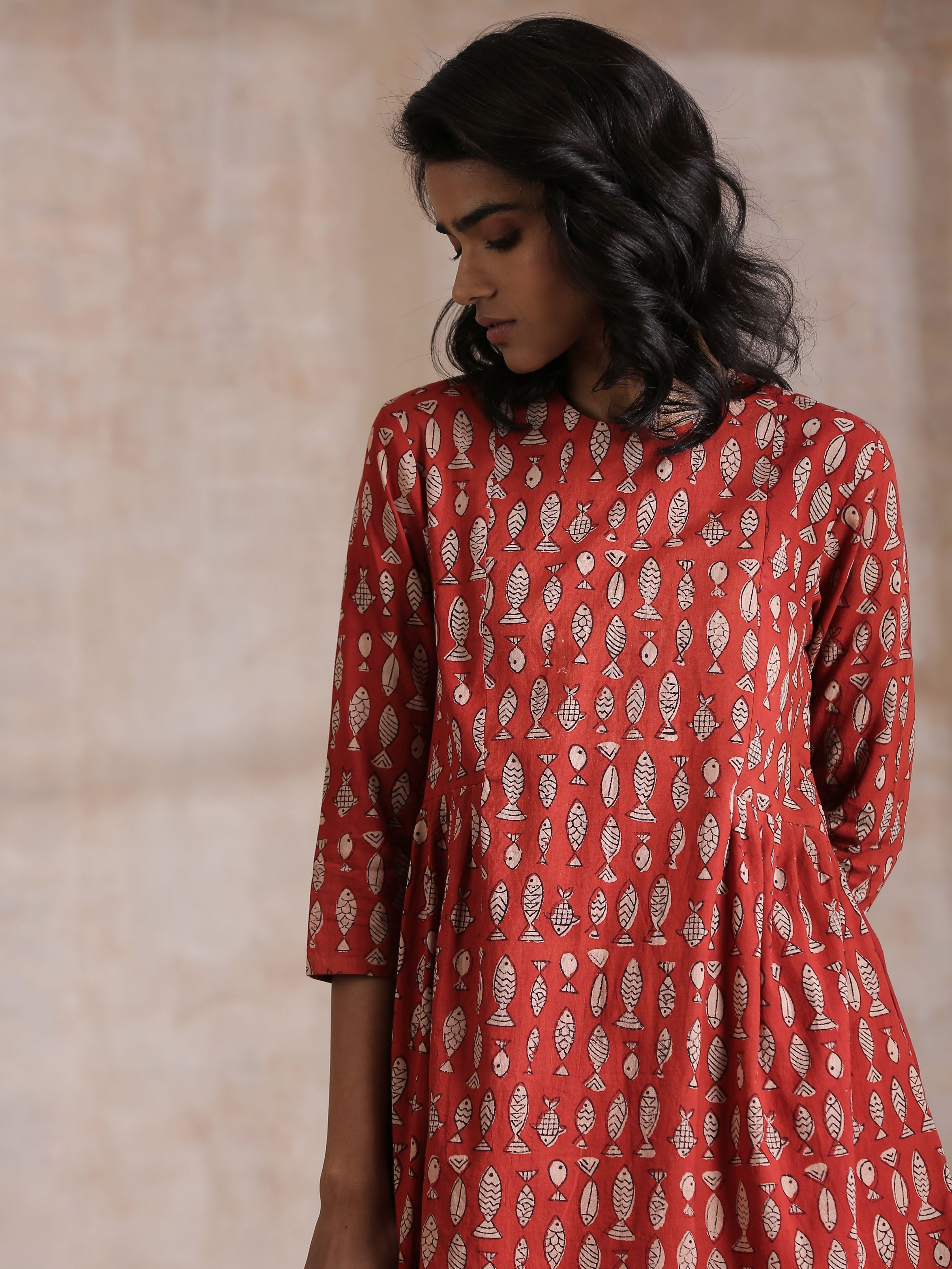 trueBrowns Rust Red Bagru Fish Print Cotton Gathers Co-Ord Set - Distacart