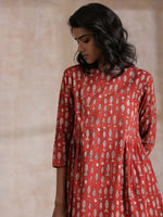 Thumbnail for trueBrowns Rust Red Bagru Fish Print Cotton Gathers Co-Ord Set - Distacart