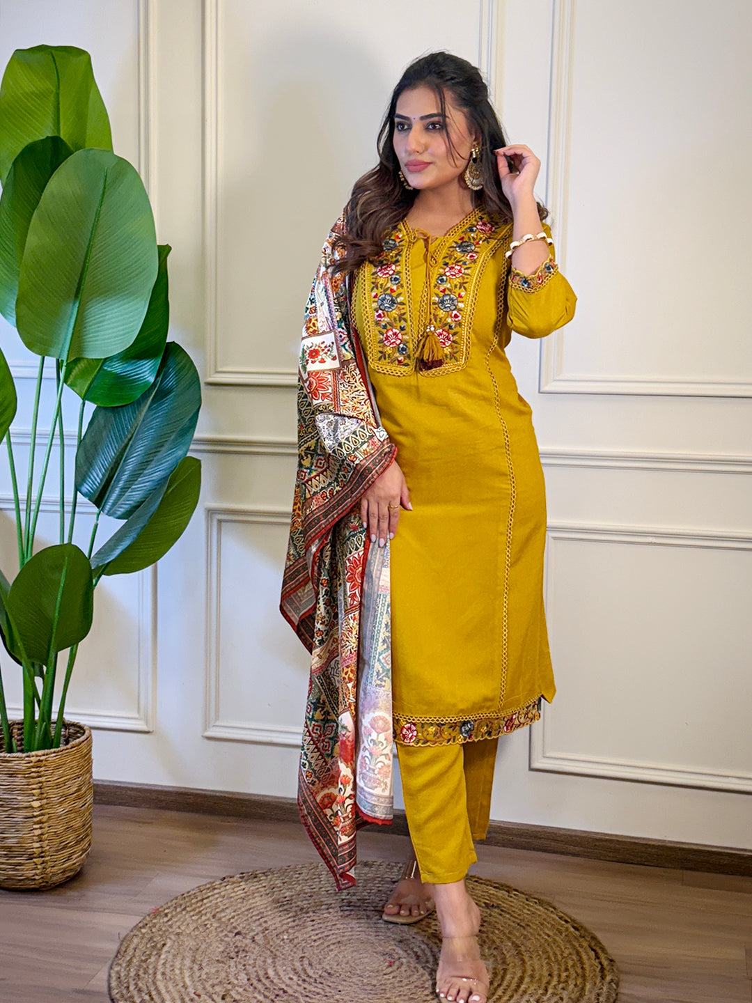 The52 Women's Gorgeous Viscose Embroidery Straight Kurta with Pant And Dupatta Set