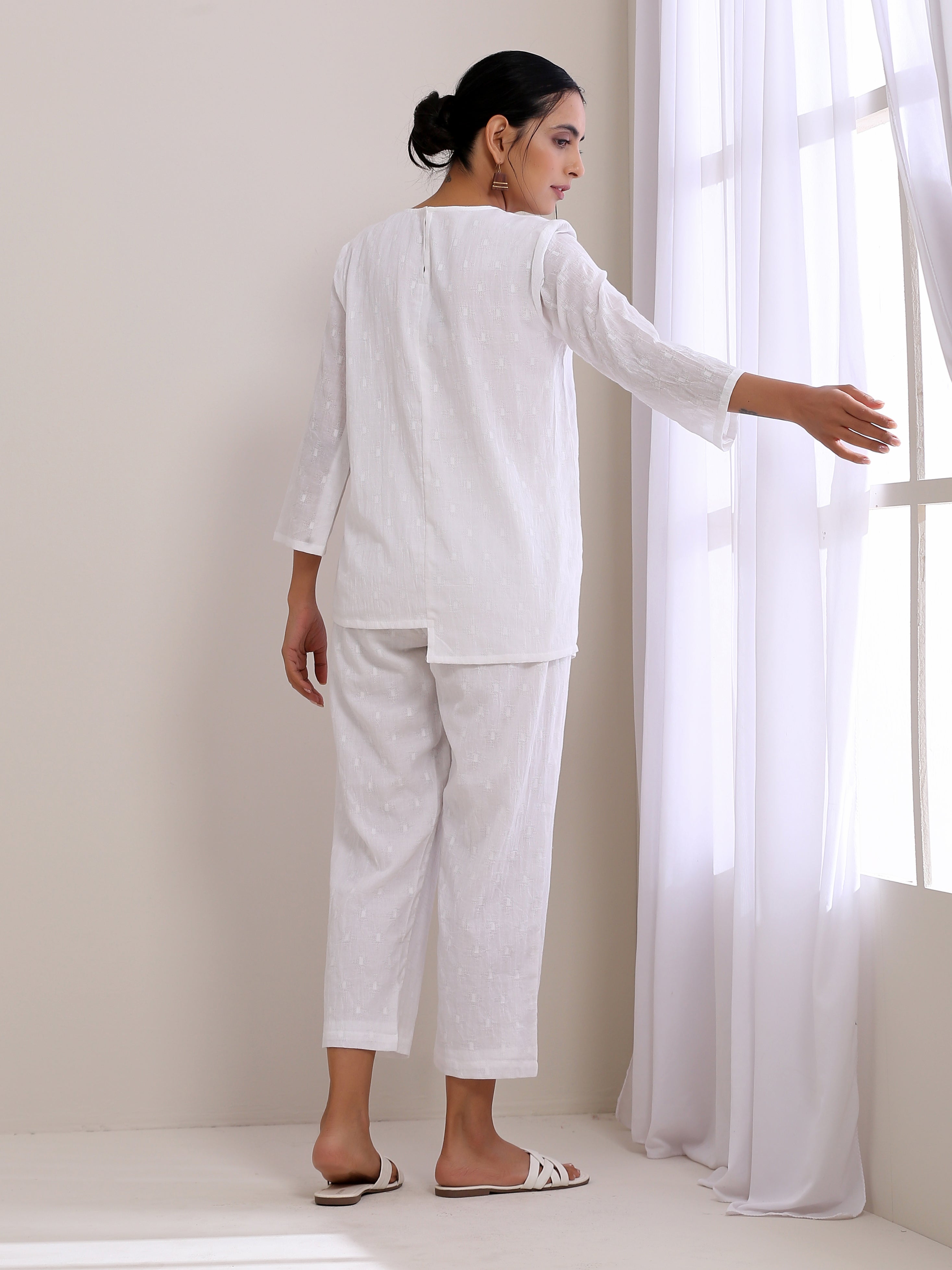 trueBrowns White Dobby Short Asymmetric Co-Ord Set - Distacart