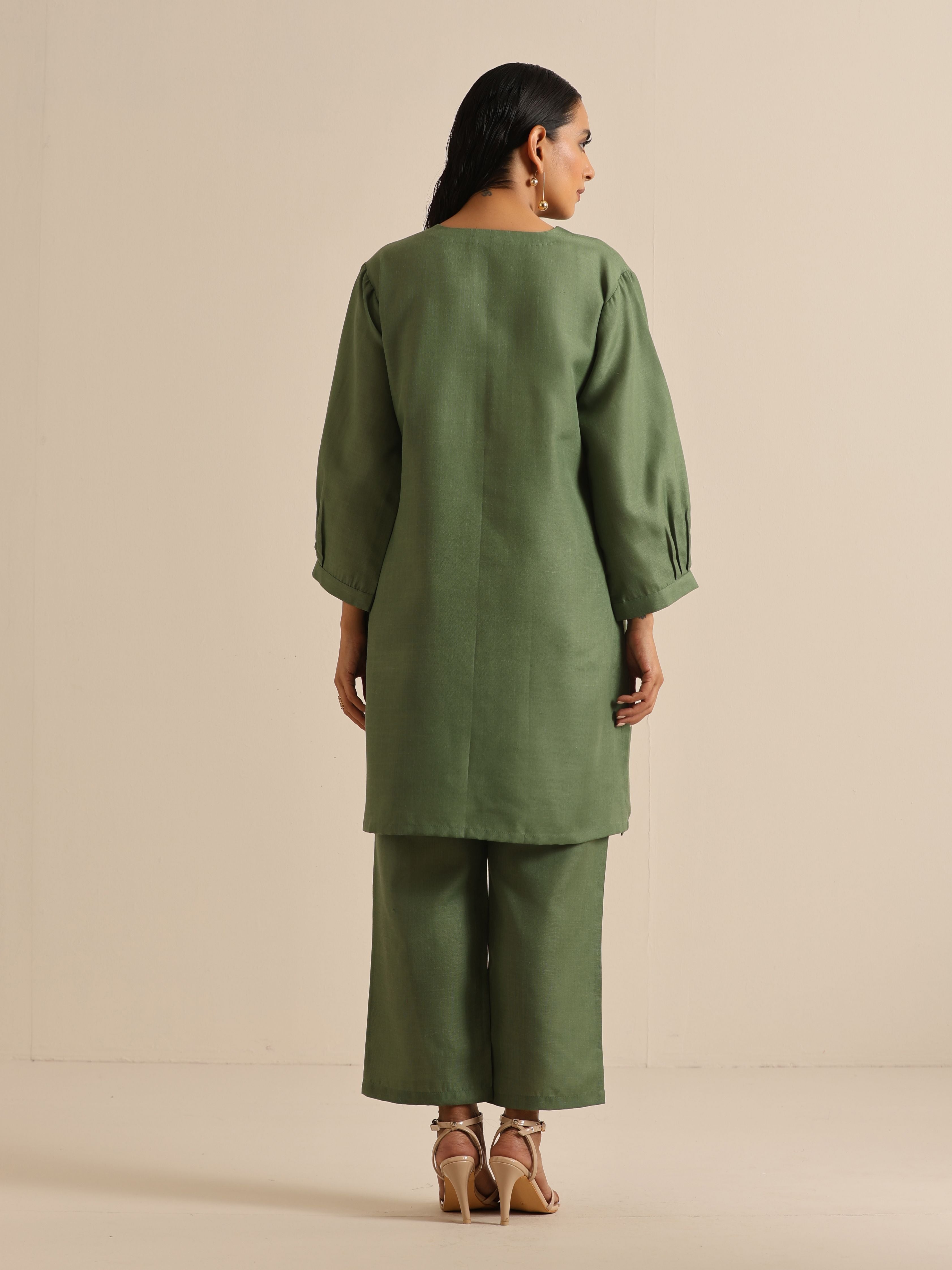 trueBrowns Olive Green Slub Relaxed Placket Co-Ord Set - Distacart