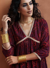 Thumbnail for trueBrowns Purple Floral Print Anarkali Kurta Co-ord Set
