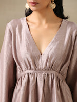 Thumbnail for trueBrowns Grey Textured Silk Deep V-Neck Co-Ord Set - Distacart