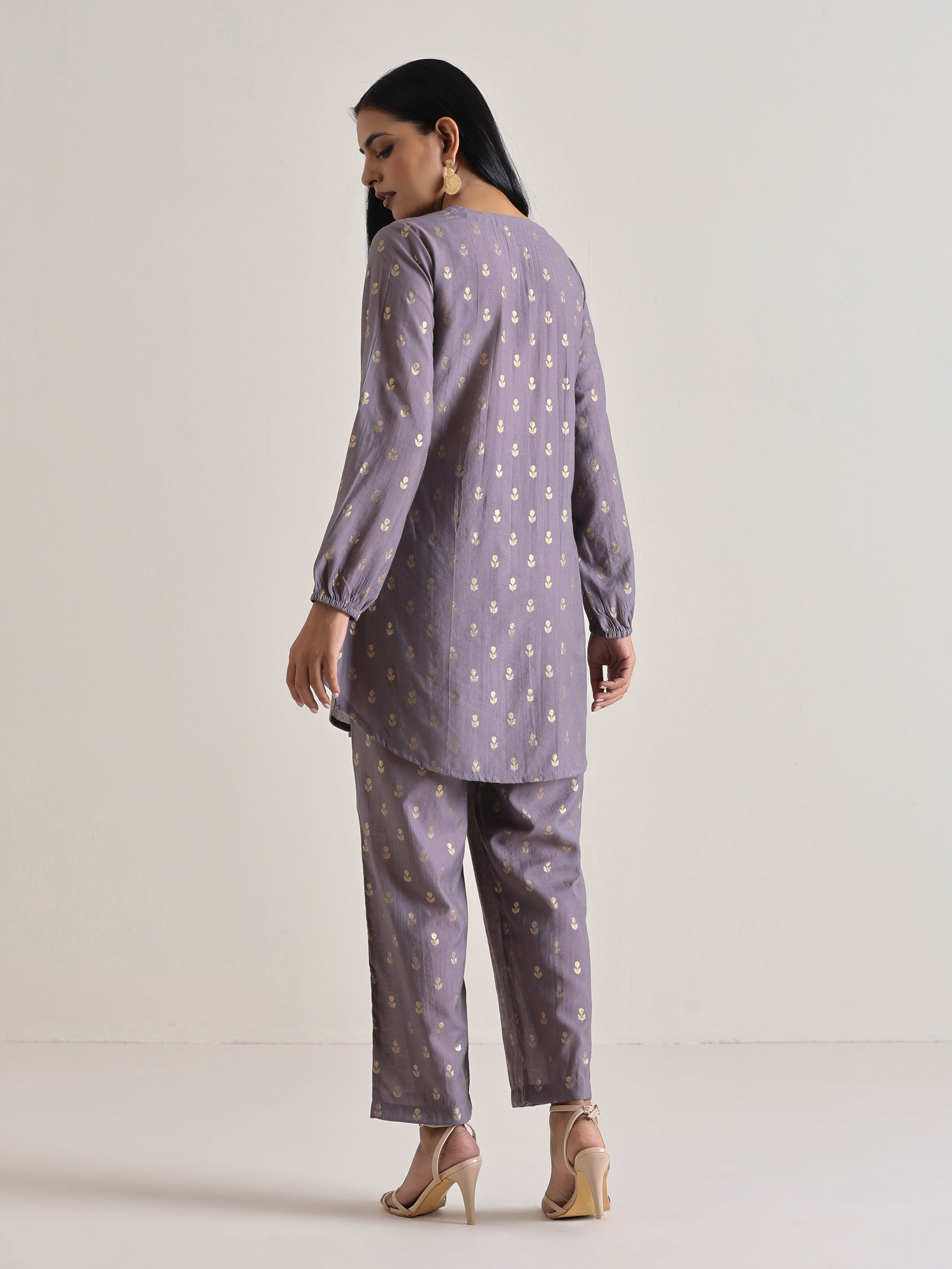 trueBrowns Plum Grey Foil Short Co-Ord Set - Distacart