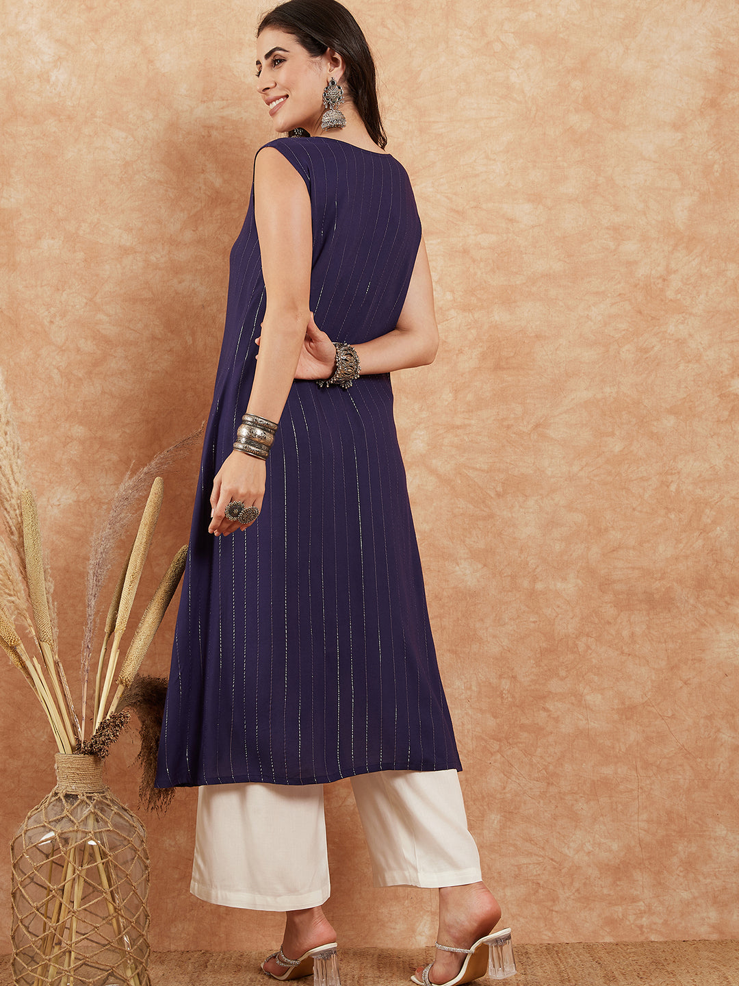 InWeave Royal Blue Lurex V-Neck W/S Front Slit Kurta Pant Set - Distacart