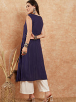 Thumbnail for InWeave Royal Blue Lurex V-Neck W/S Front Slit Kurta Pant Set - Distacart
