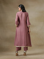 Thumbnail for trueBrowns Dark Mauve Bandhani Printed Silk Front Slit Kurta Pant Set - Distacart