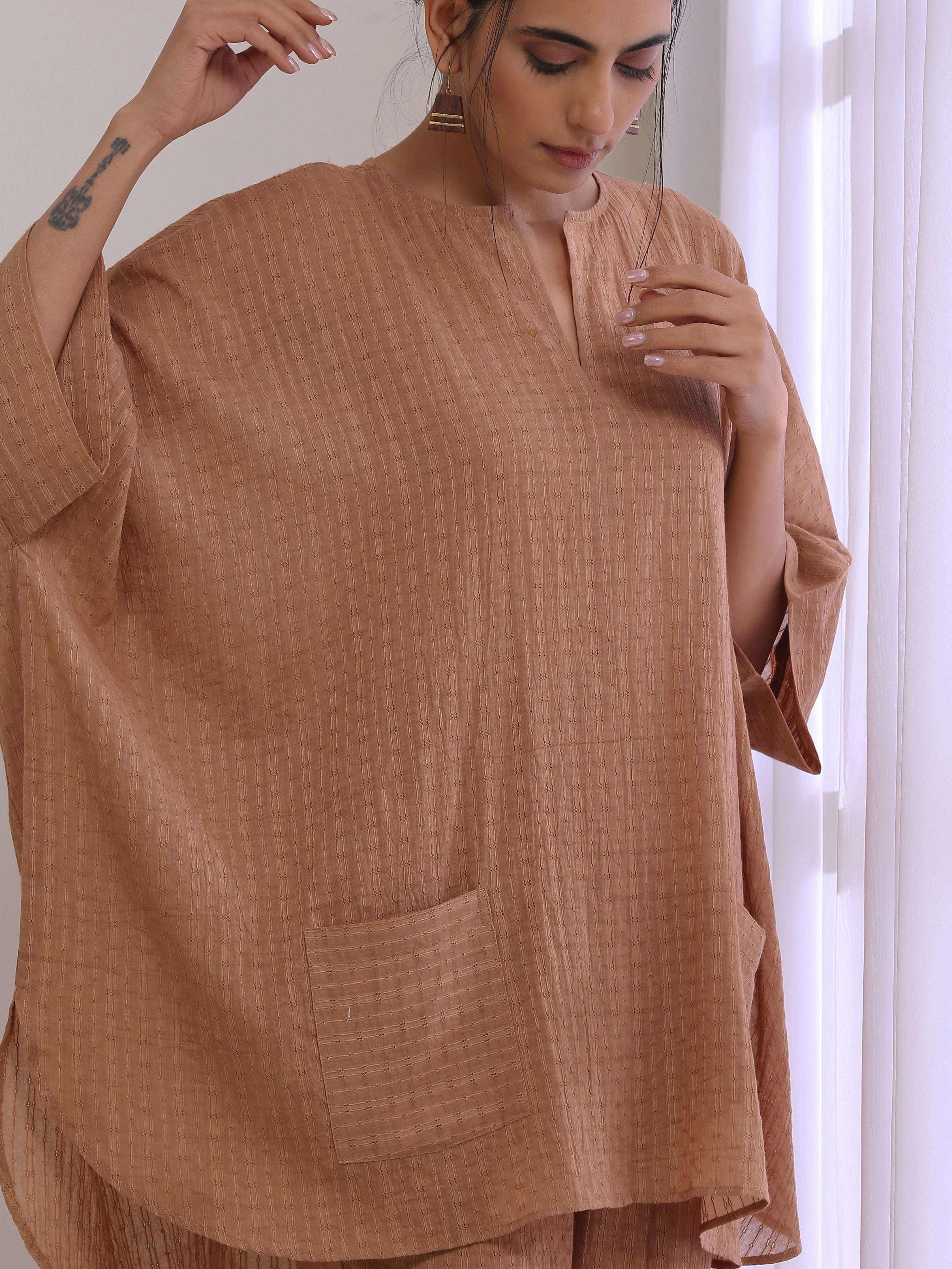 trueBrowns Beige Dobby Boxy Fit High-Low Co-Ord Set - Distacart