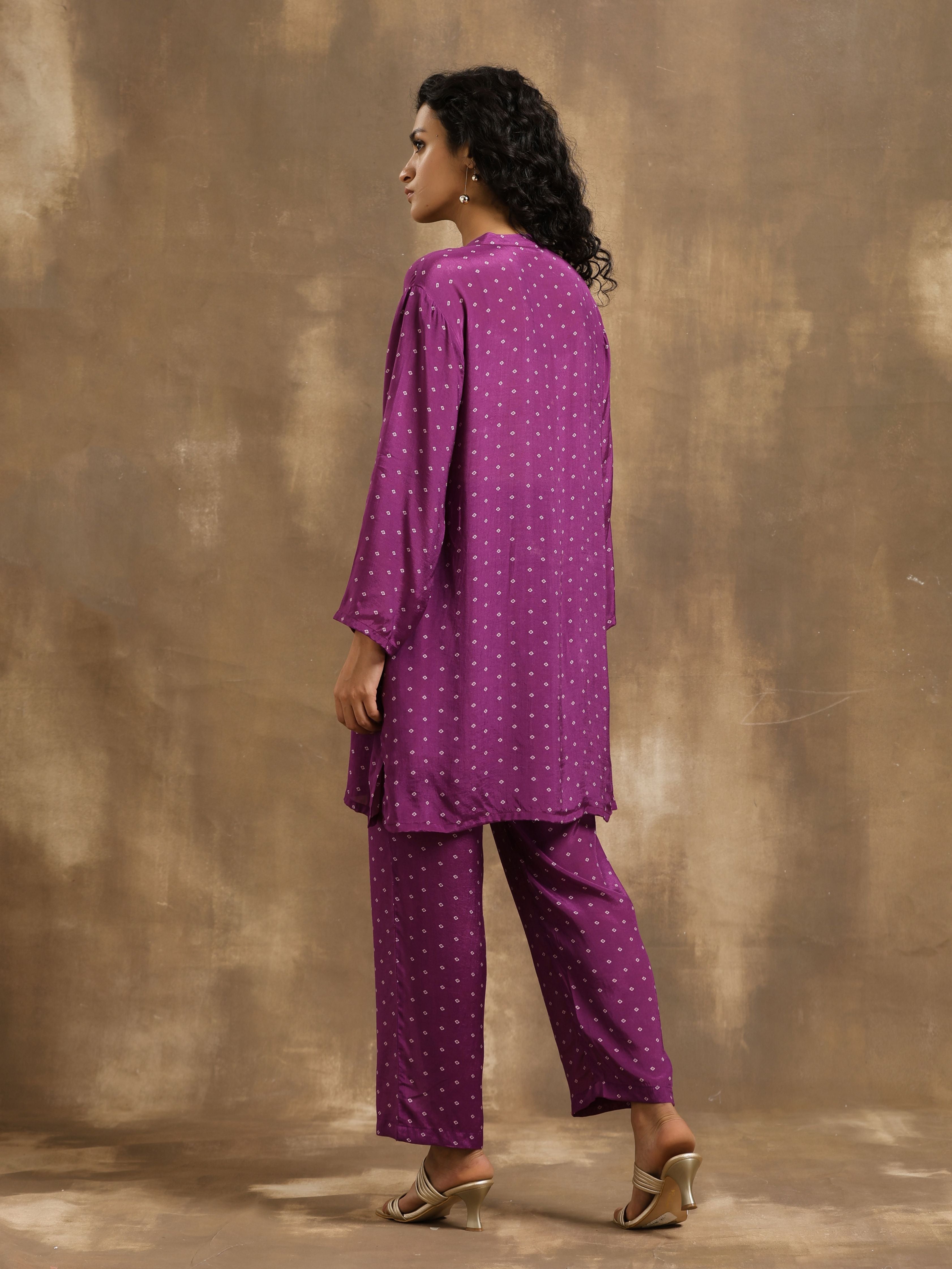 trueBrowns Purple Bandhani Printed Silk Co-Ord Set - Distacart