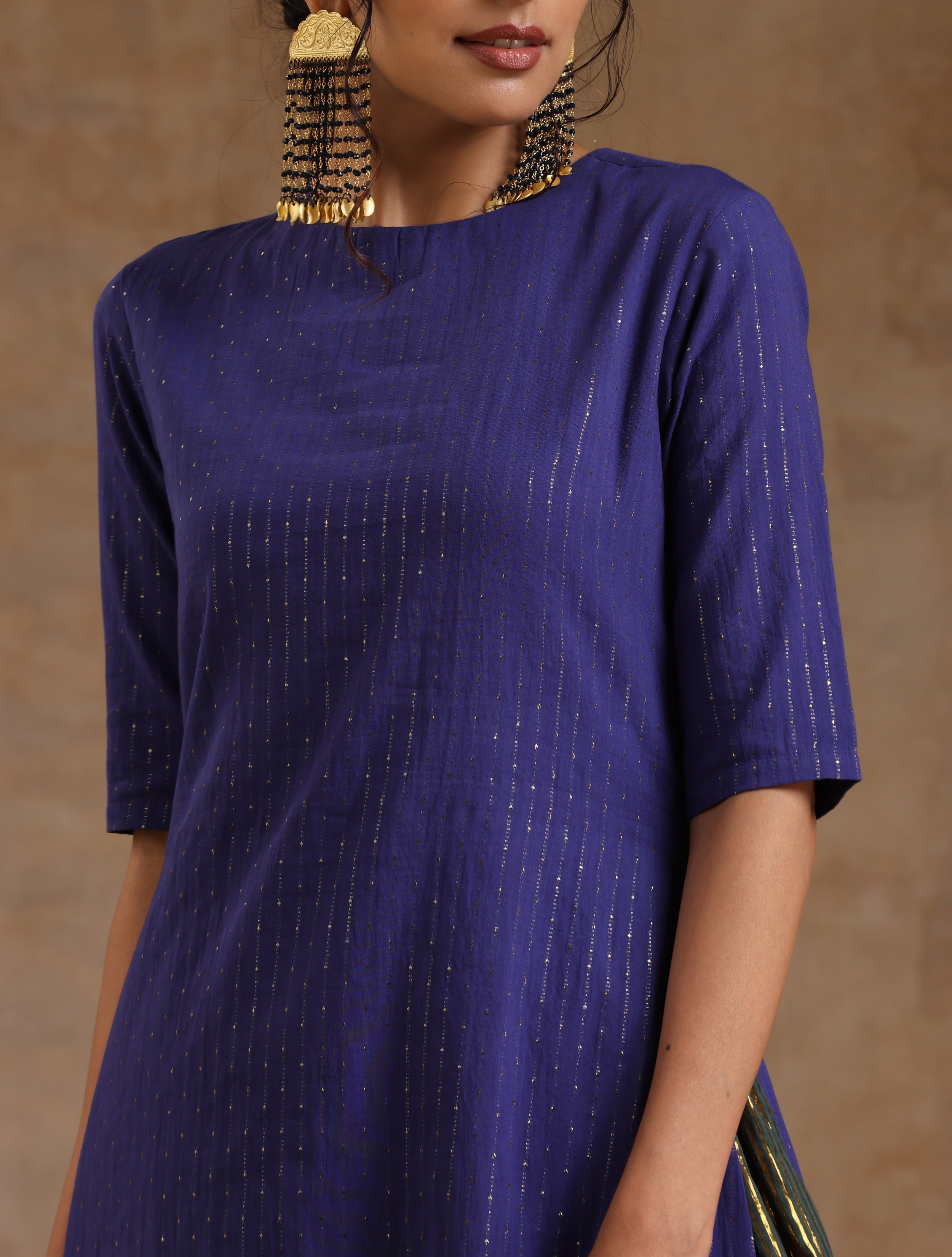 trueBrowns Spectrum Blue Gold Cotton High Slit Kurta Set - Distacart