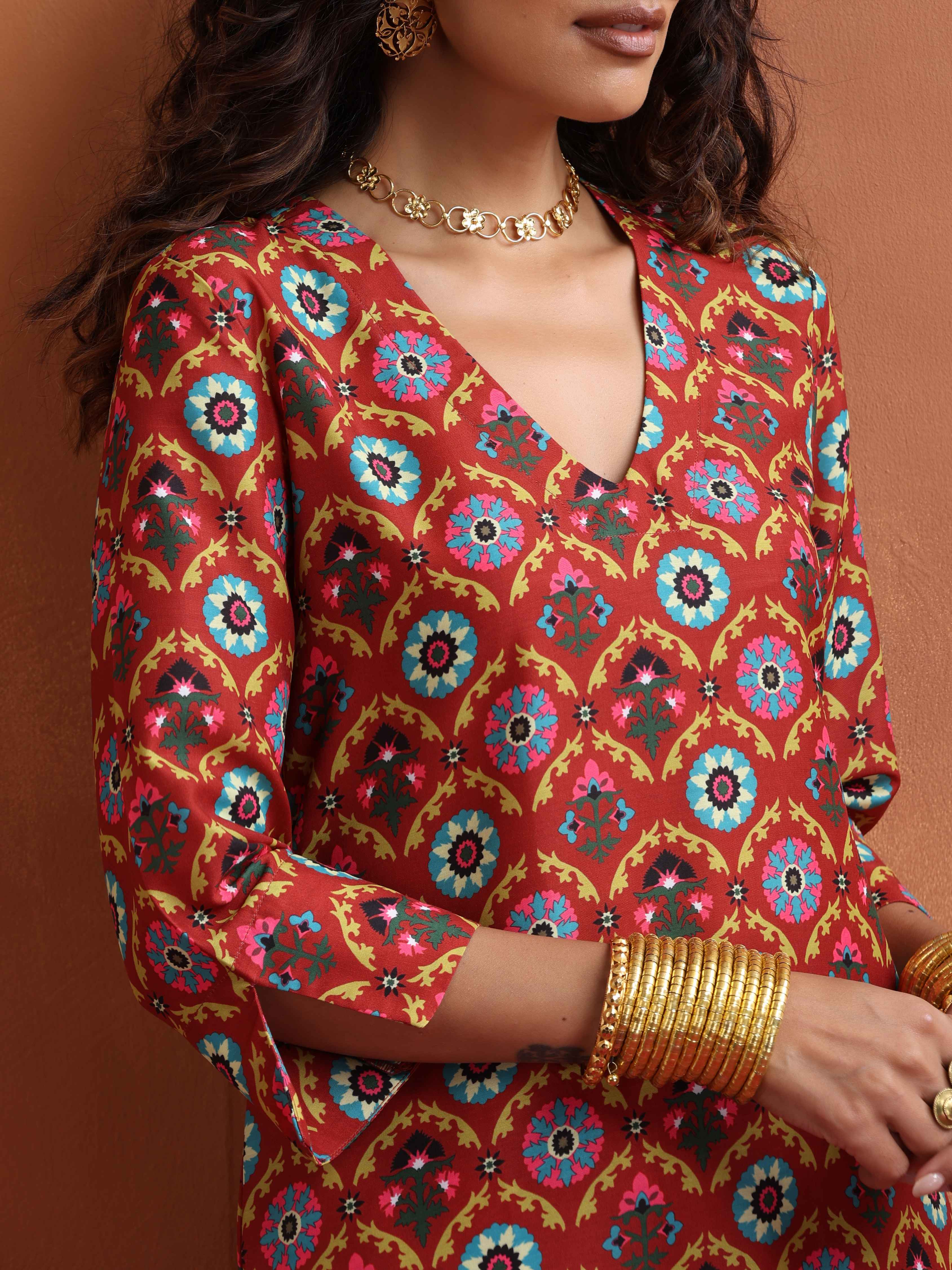 trueBrowns Rust Print Kurta Co-ord Set - Distacart