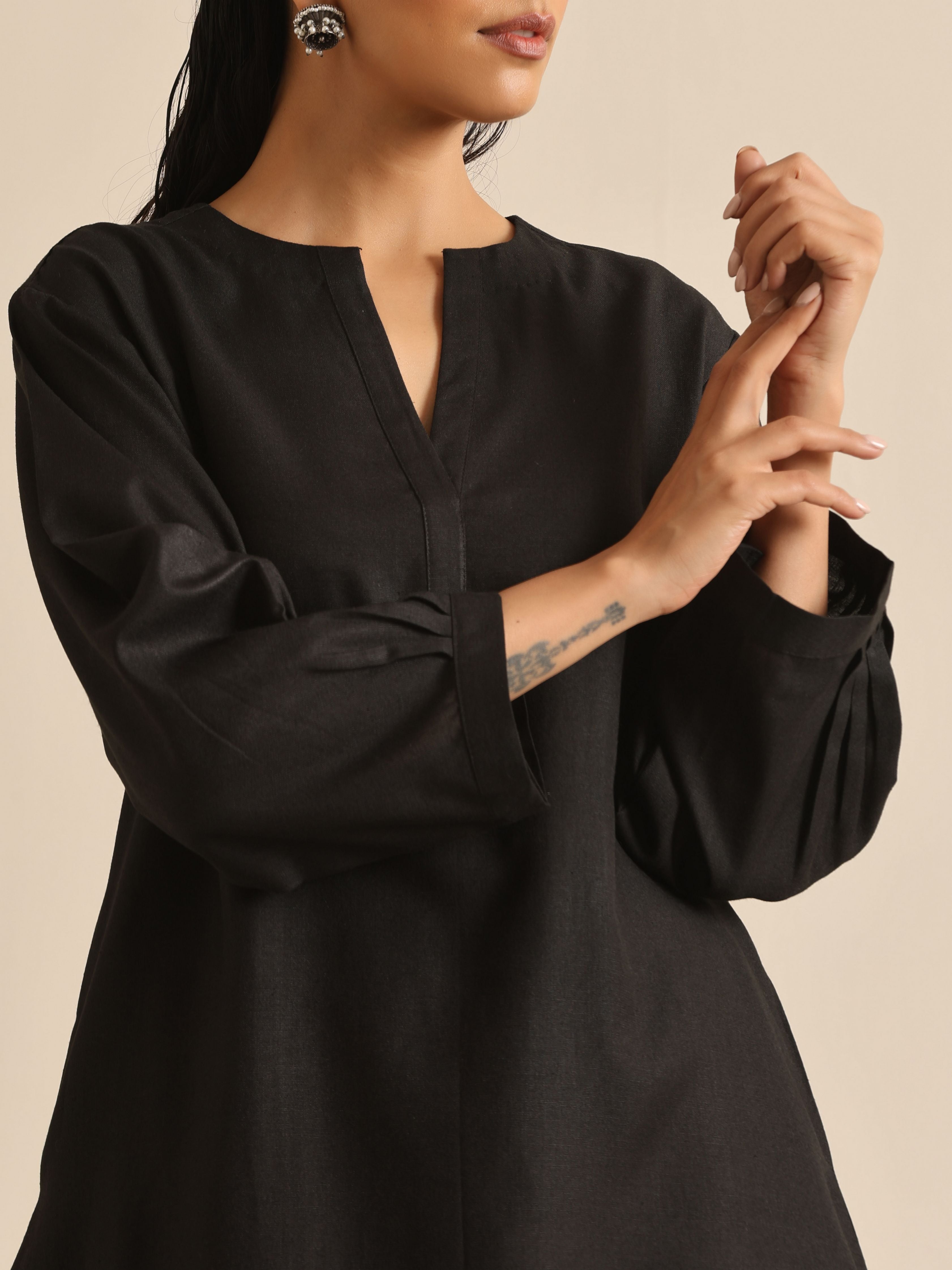 trueBrowns Black Slub Relaxed Placket Co-Ord Set - Distacart