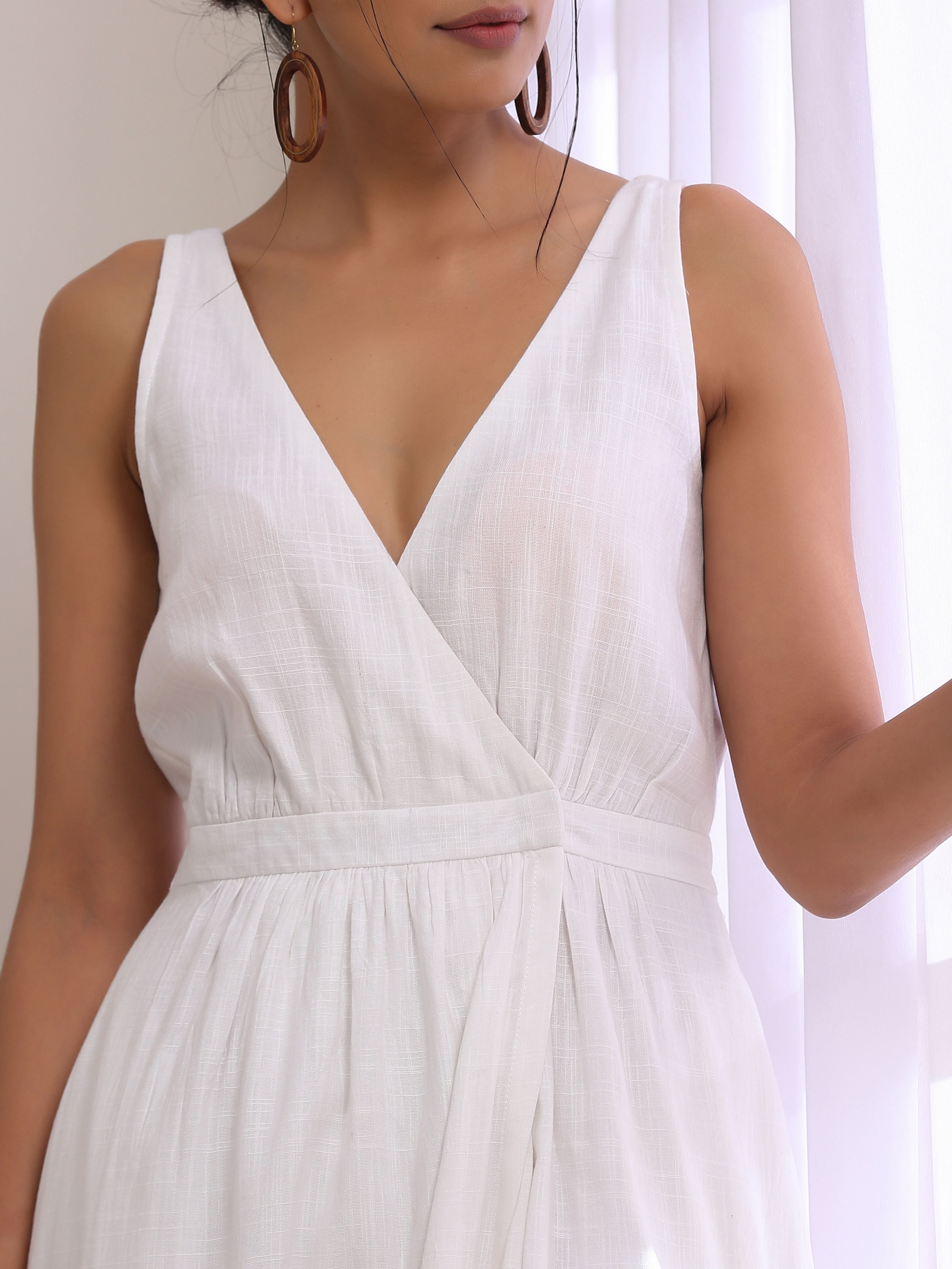 trueBrowns White Slub Texture Sleeveless Wrap Dress - Distacart