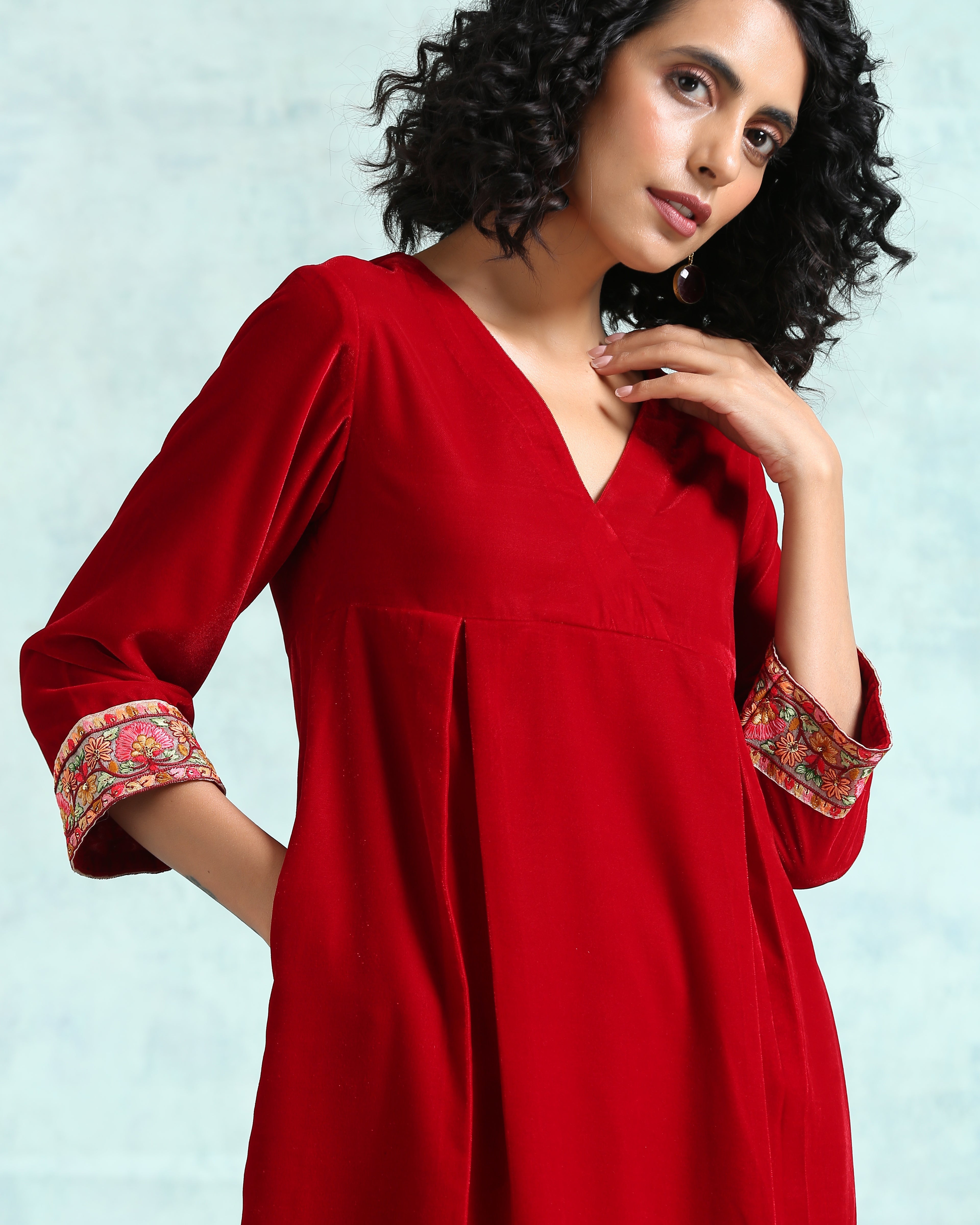 trueBrowns True Red Velvet Yoke Kurta - Distacart