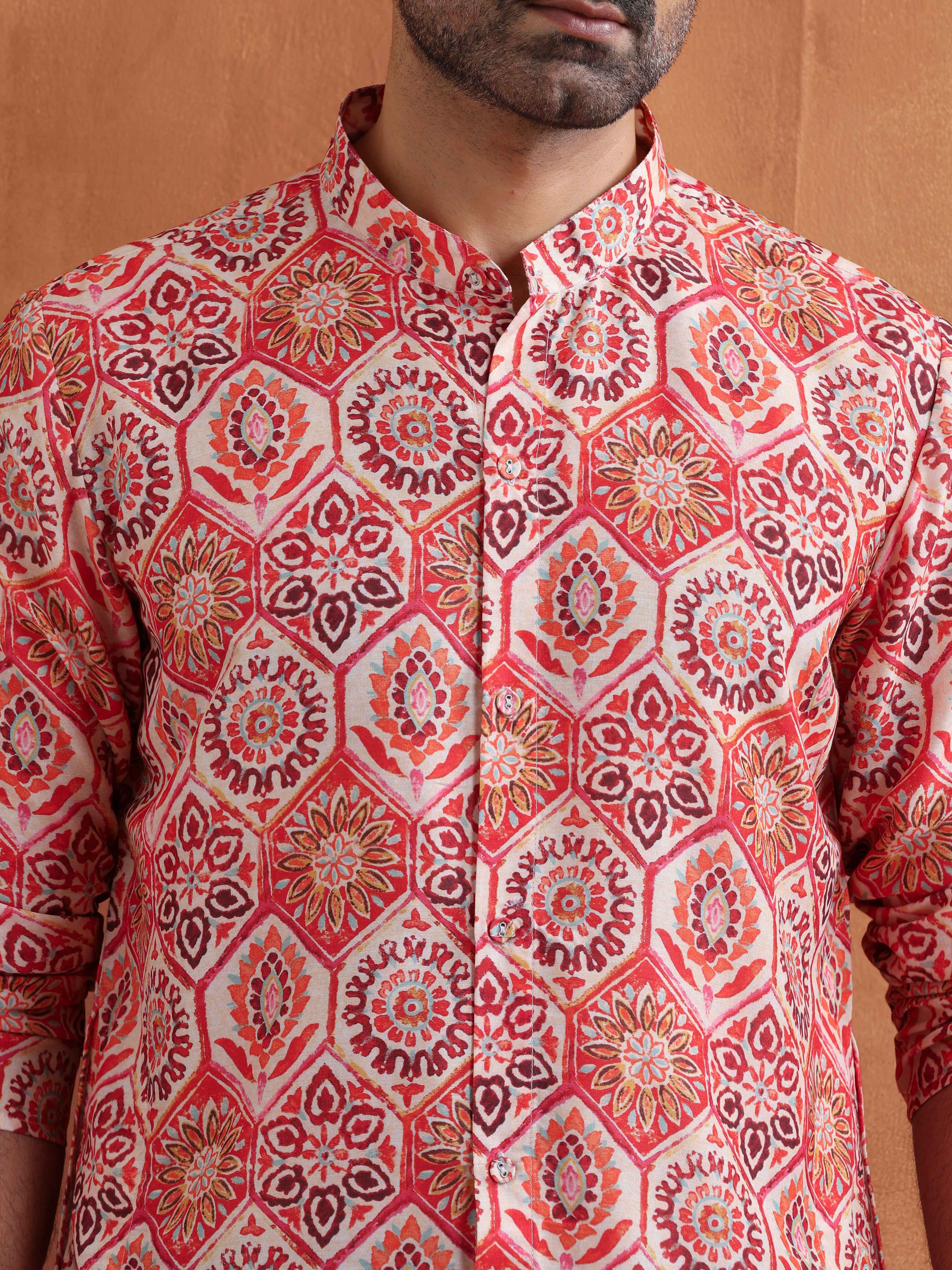 trueBrowns Men's Beige Printed Front Open Kurta - Distacart