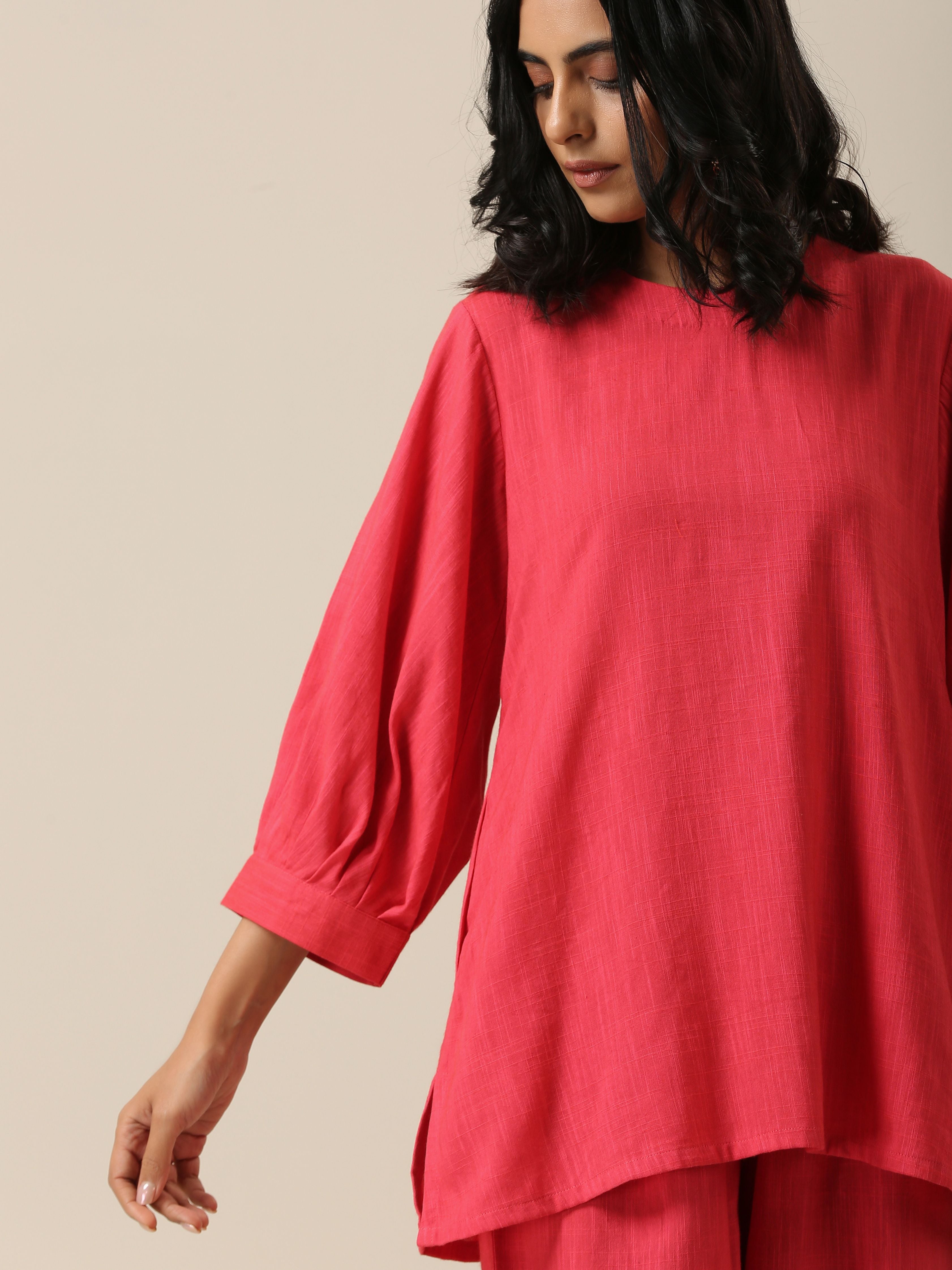 trueBrowns Bright Pink Slub Texture Baggy Sleeve Co-Ord Set - Distacart