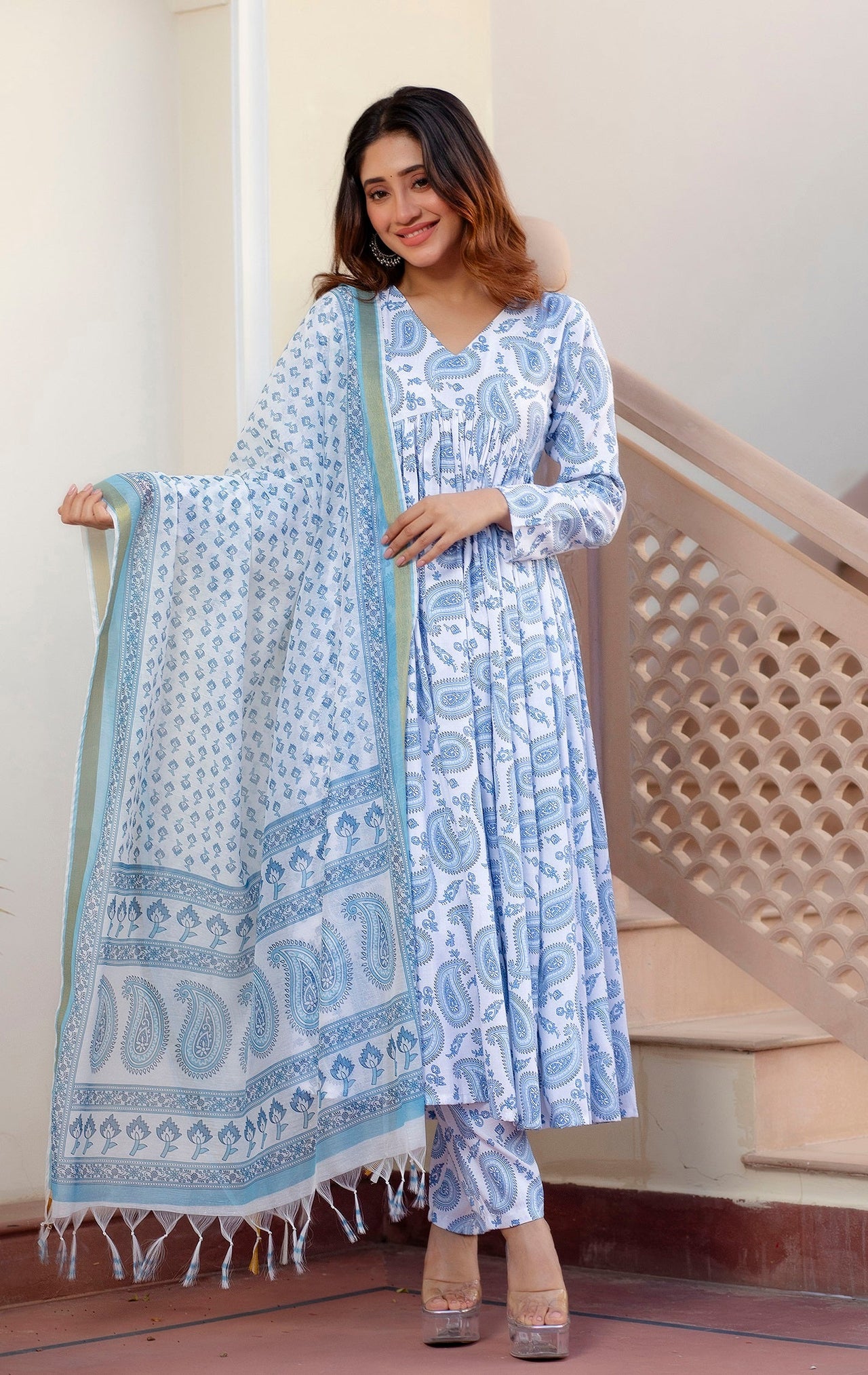 NOZ2TOZ Women Sky Blue Printed Viscose Rayon Kurta, Pant And Dupatta Set