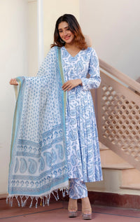Thumbnail for NOZ2TOZ Women Sky Blue Printed Viscose Rayon Kurta, Pant And Dupatta Set