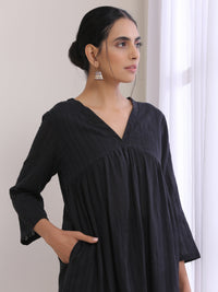 Thumbnail for trueBrowns Black Dobby Flared Slit Kurta Pant Set - Distacart