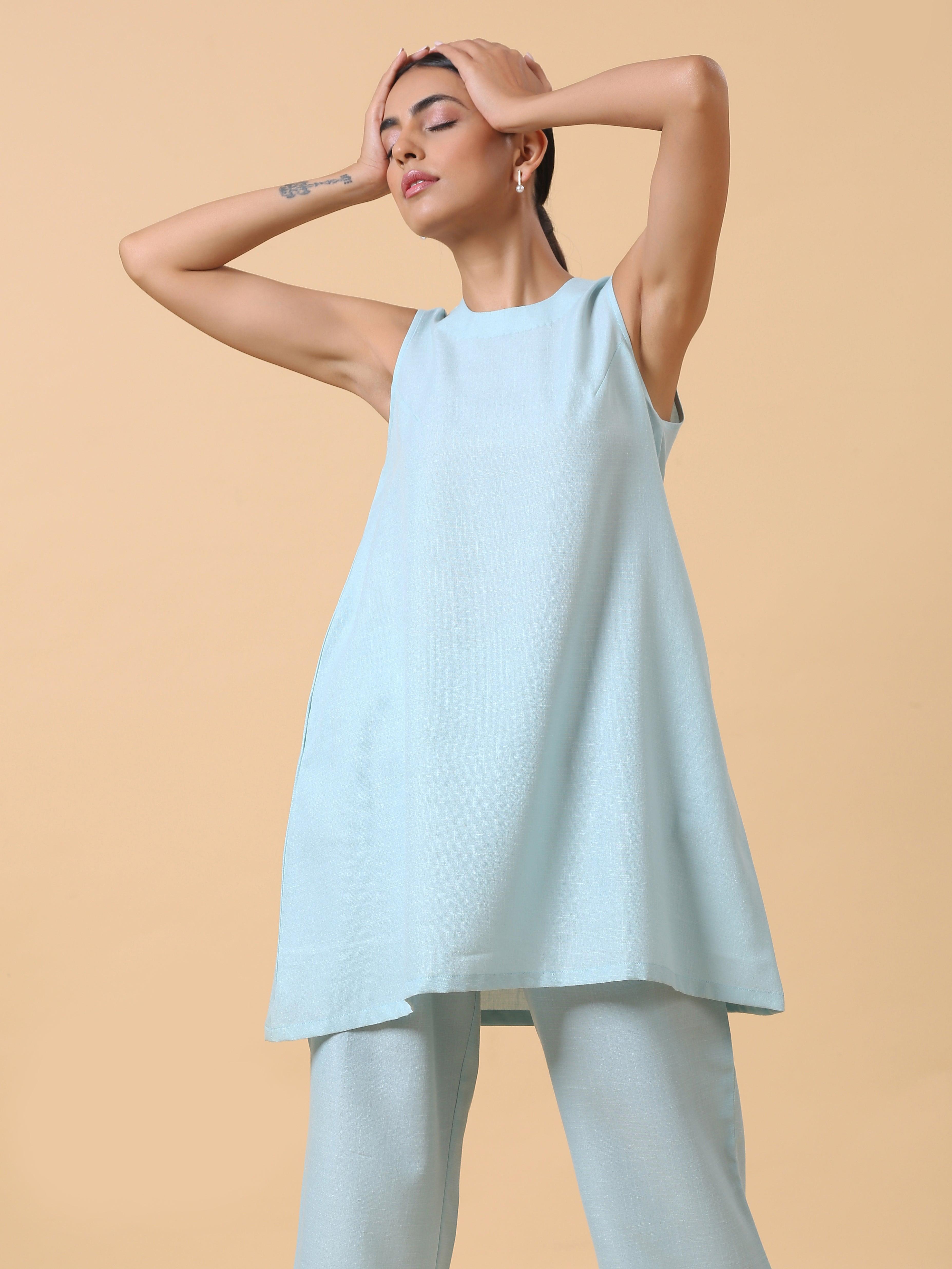 trueBrowns Cotton Linen Light Blue Sleeveless Co-Ord Set | Relove - Distacart