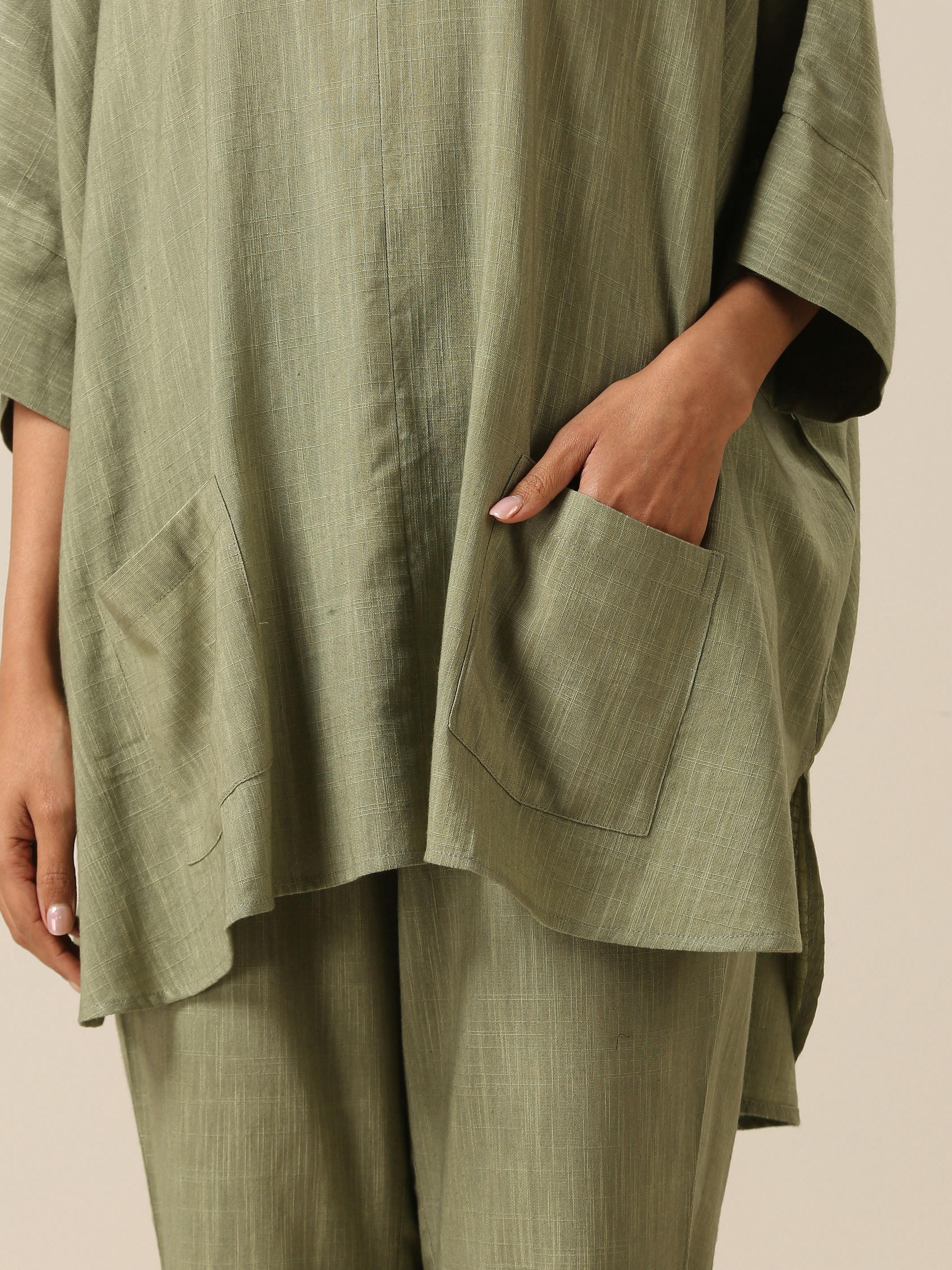 trueBrowns Sage Slub Texture Boxy Fit High Low Co-Ord Set - Distacart