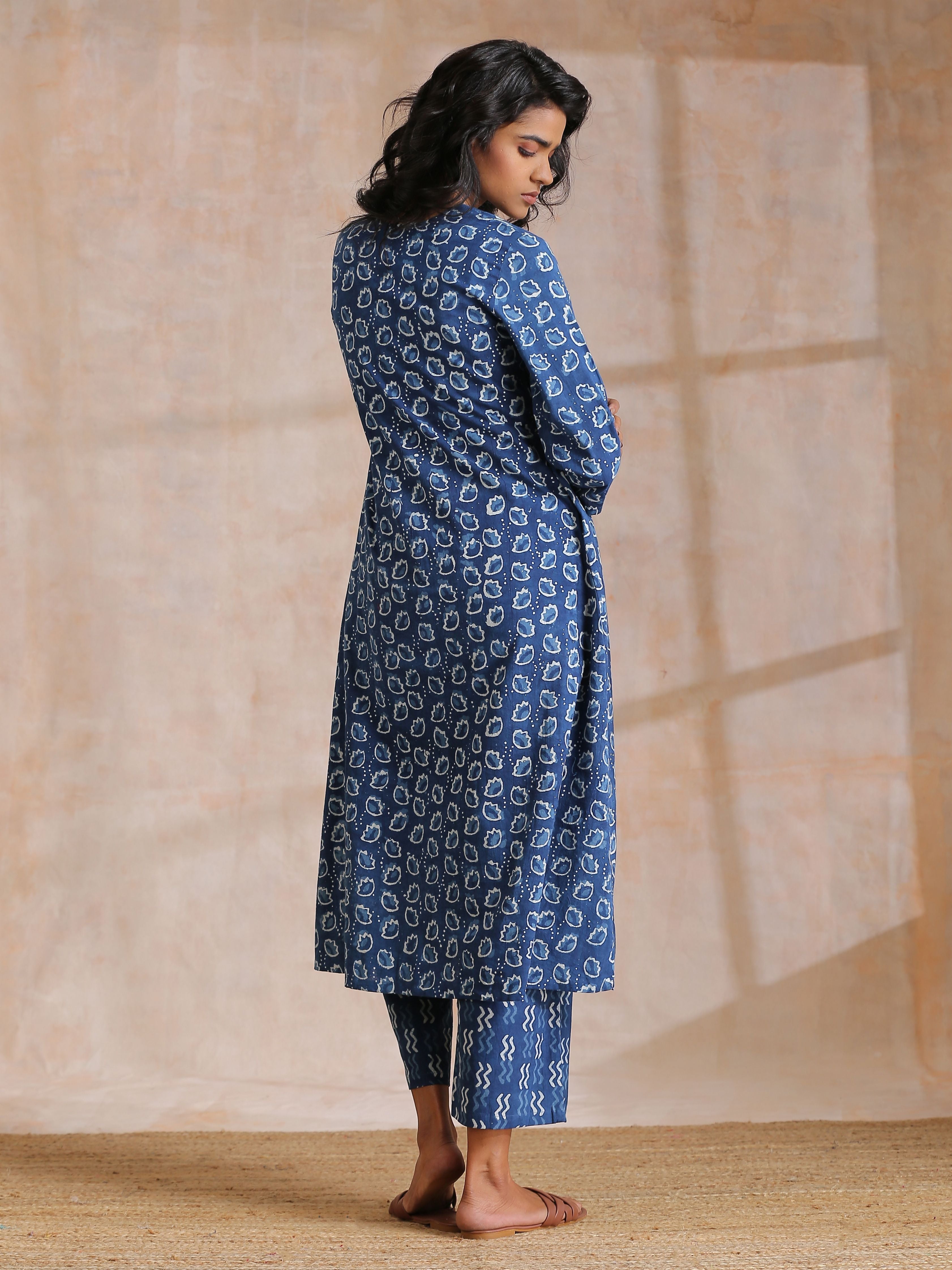 trueBrowns Indigo Dabu Floral Print Cotton Kurta Pant Set - Distacart