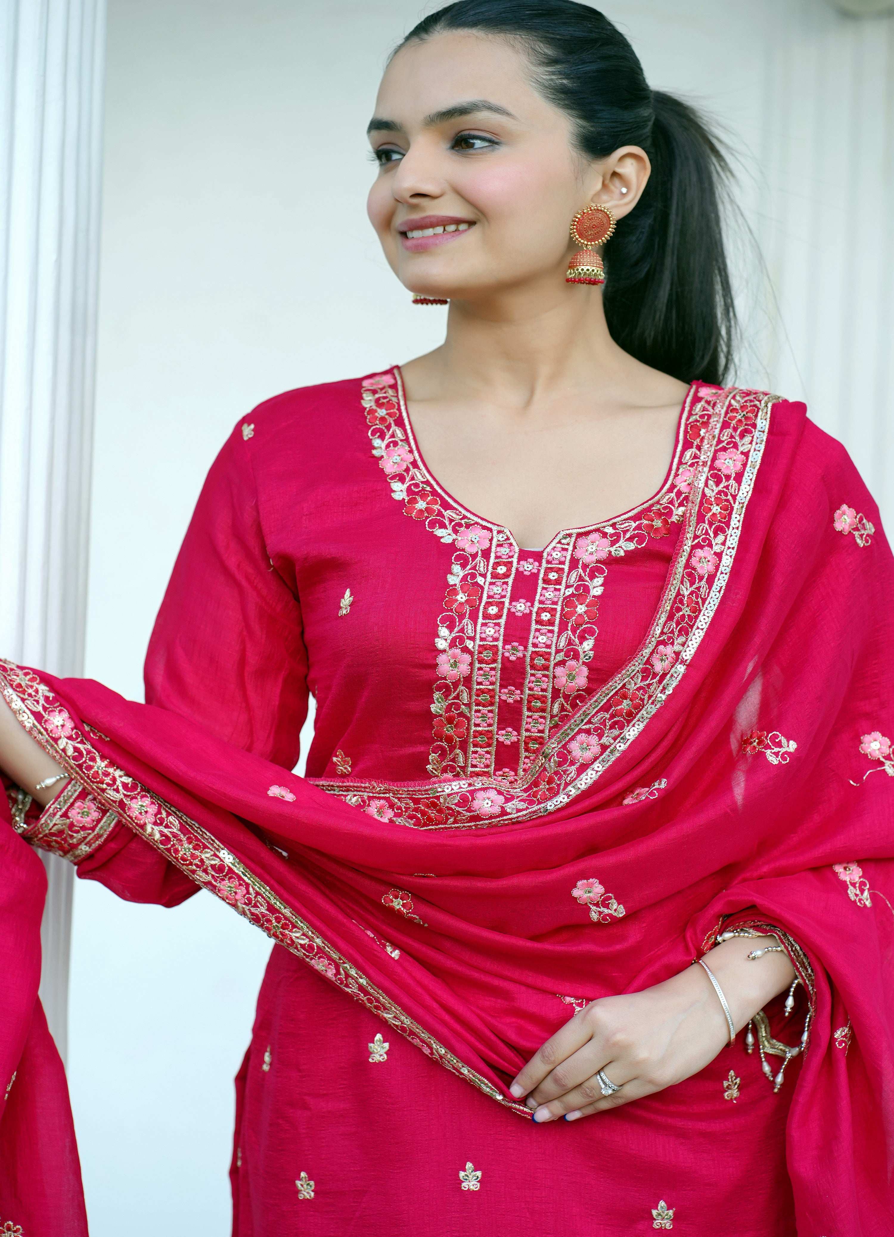 Yash Enterprise Pink Vichitra Silk Party Wear Embroidery Suit Set