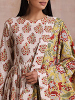 Thumbnail for trueBrowns White With Red Yellow Buta Block Print Cotton Kurta Pant Dupatta Set - Distacart