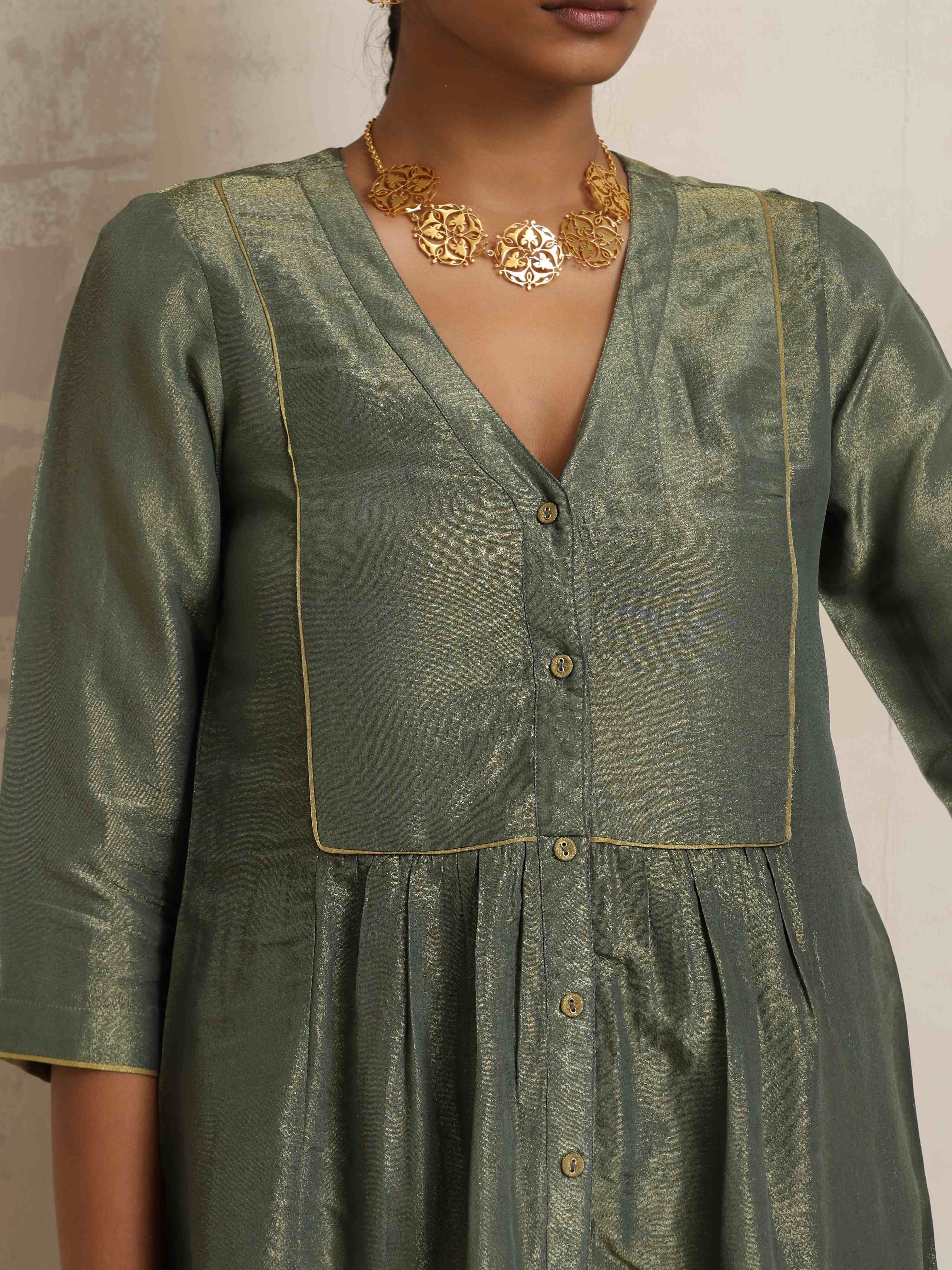 trueBrowns Green Tissue A-line Kurta Set - Distacart