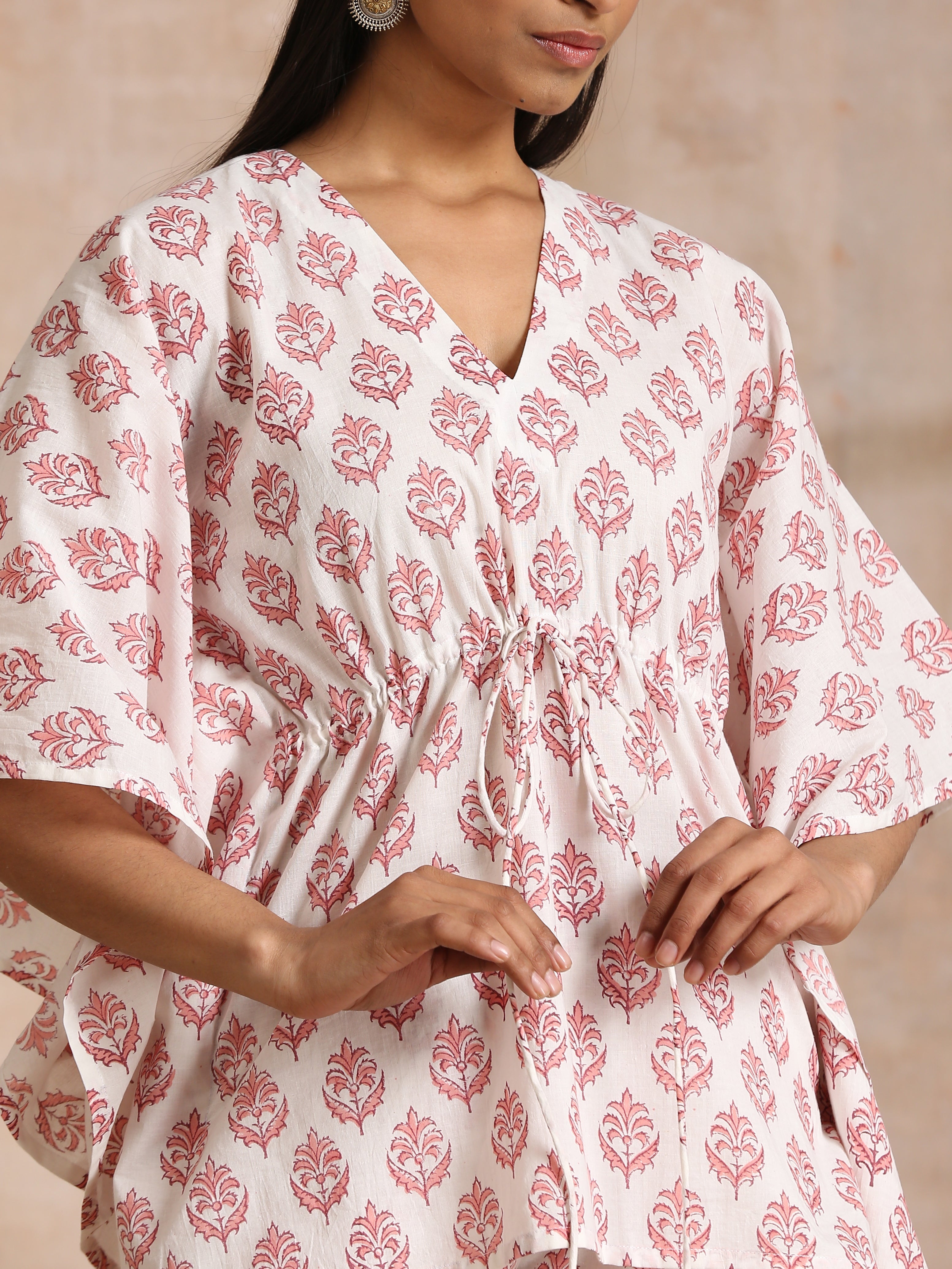 trueBrowns Pink Buta On White Block Print Cotton Kaftan Co-Ord Set - Distacart