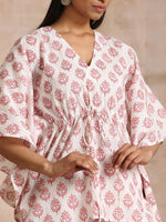 Thumbnail for trueBrowns Pink Buta On White Block Print Cotton Kaftan Co-Ord Set - Distacart