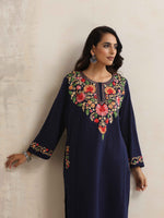 Thumbnail for trueBrowns Blue Floral Embroidered Woollen Phiran Kurta - Distacart