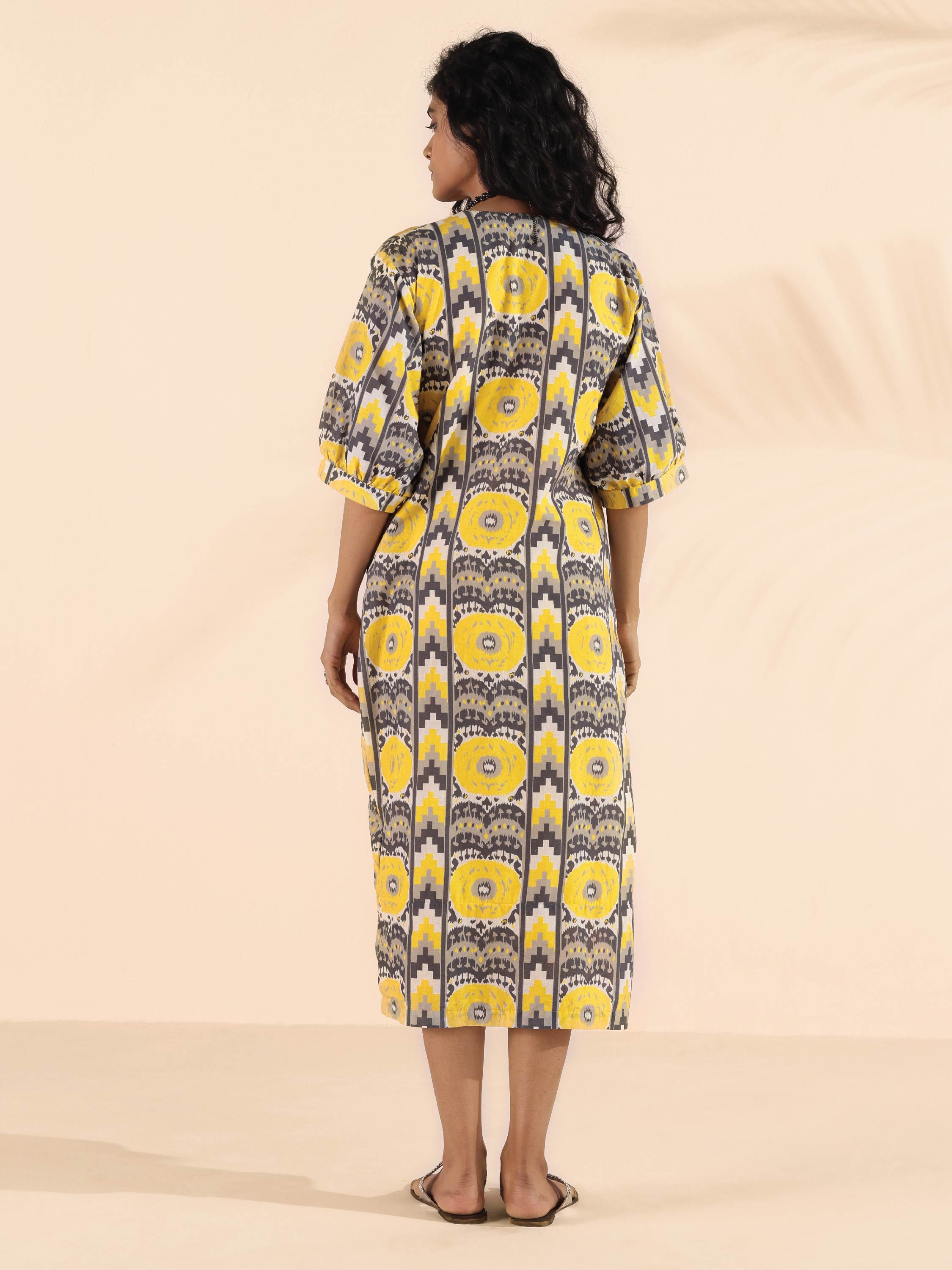 trueBrowns Yellow Cotton Ikat Slit Dress - Distacart