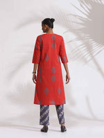 Thumbnail for trueBrowns Red Cotton Print Kurta Set - Distacart