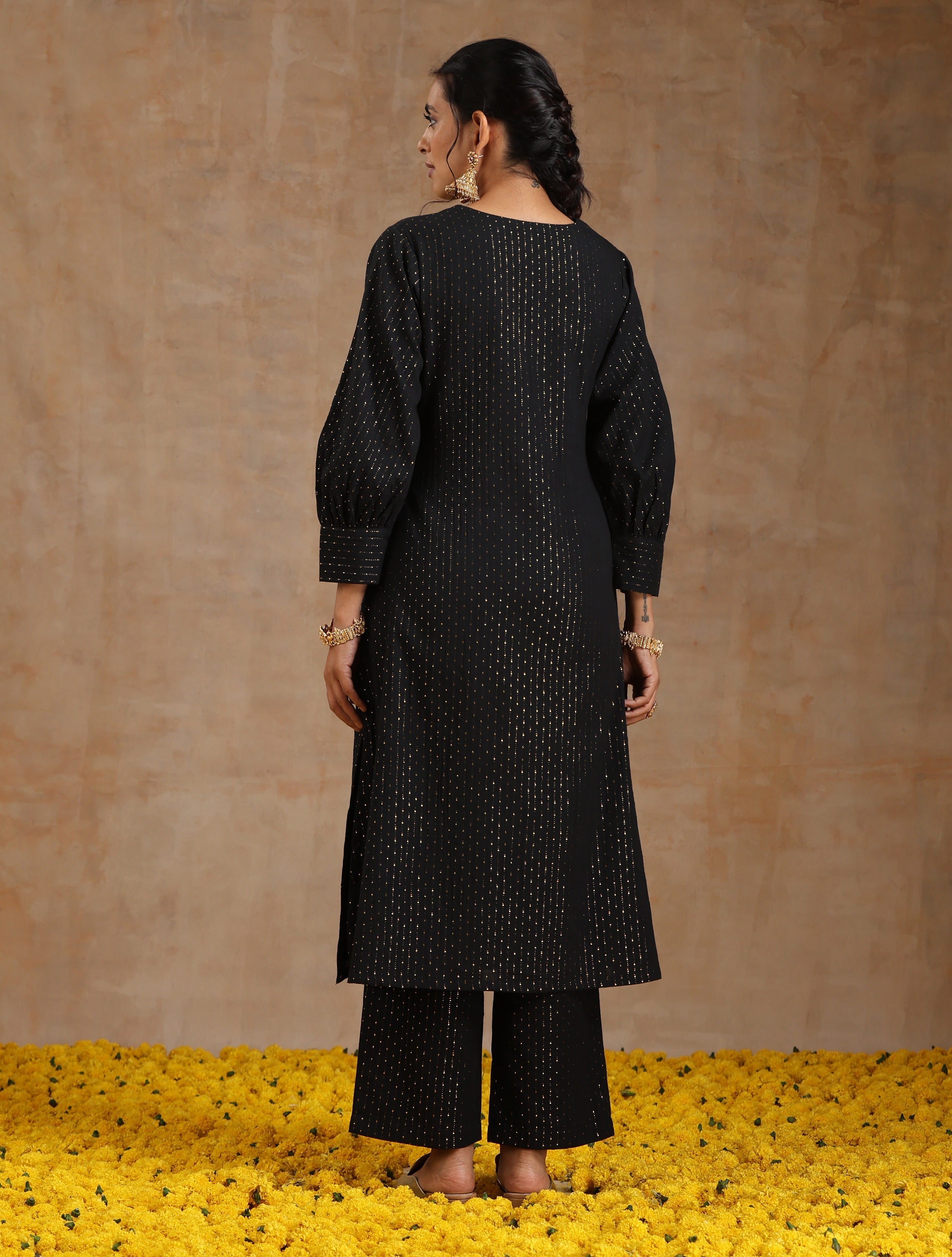 trueBrowns Black Gold Cotton Overlap Yoke Kurta Set - Distacart