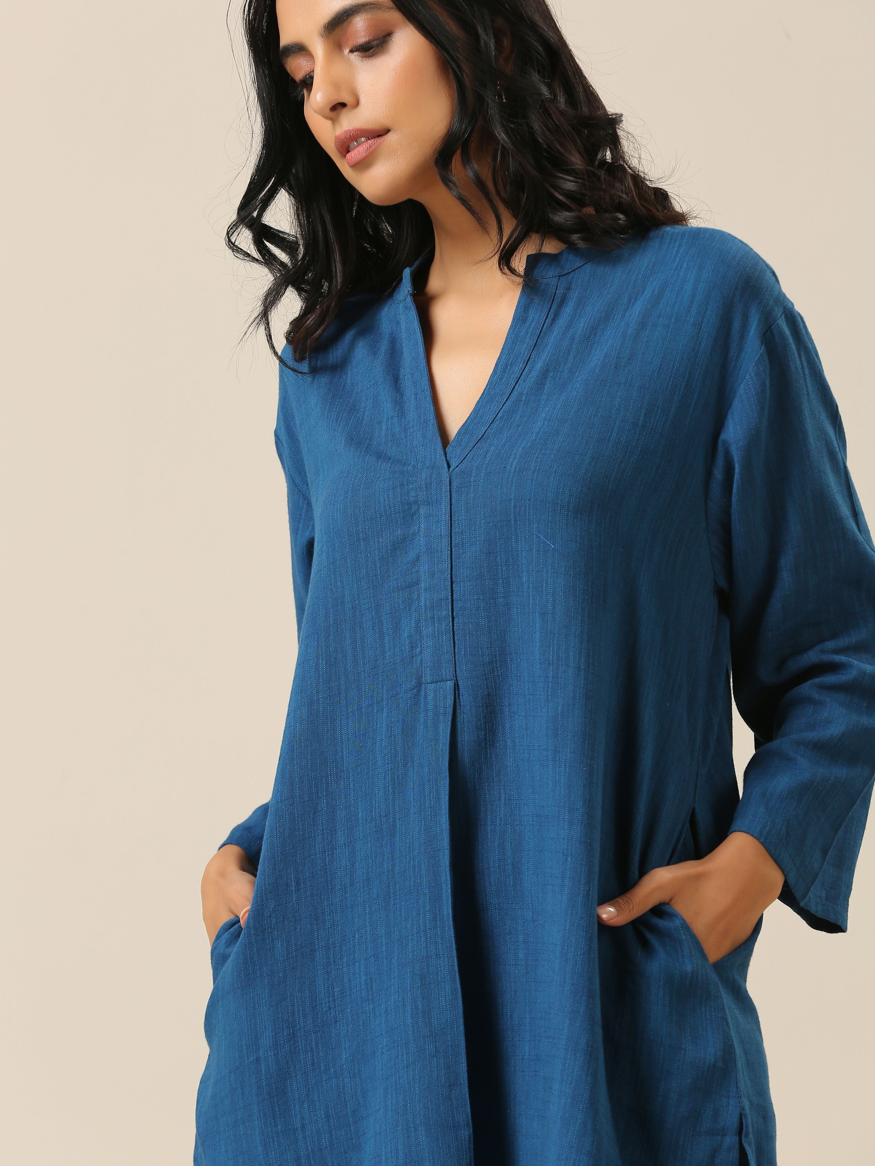 trueBrowns Classic Blue Slub Texture Relax Fit Co-Ord Set - Distacart