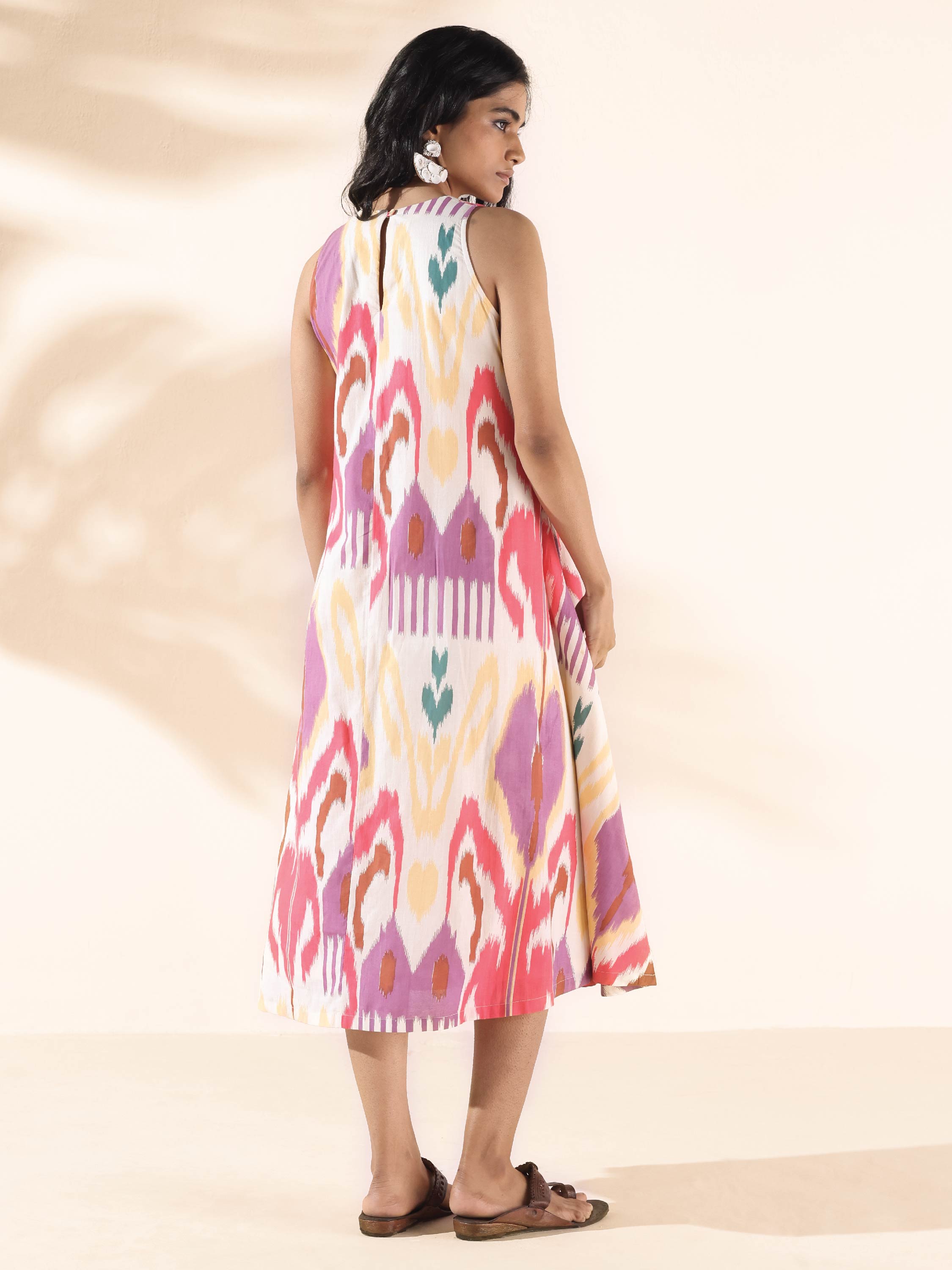 trueBrowns Pink Cotton Ikat Sleeveless Dress - Distacart