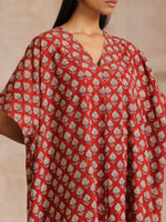 Thumbnail for trueBrowns Rust Red Bagru Floral Print Cotton Panel Kaftan Kurta Pant Set - Distacart