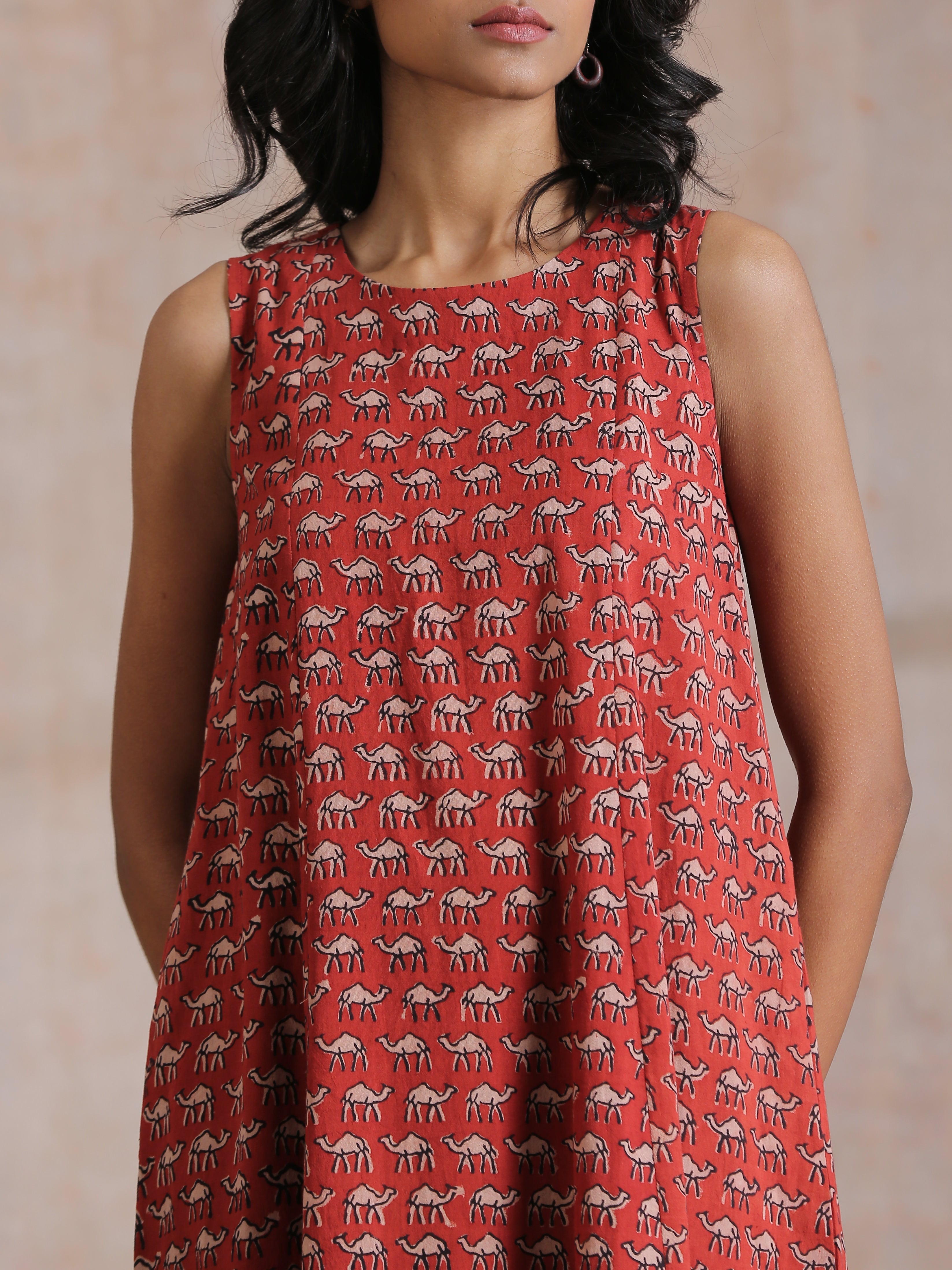 trueBrowns Rust Red Bagru Camel Print Cotton High-Low Co-Ord Set - Distacart