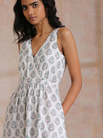 Thumbnail for trueBrowns Green Buta On White Block Print Cotton Sleeveless Wrap Dress - Distacart