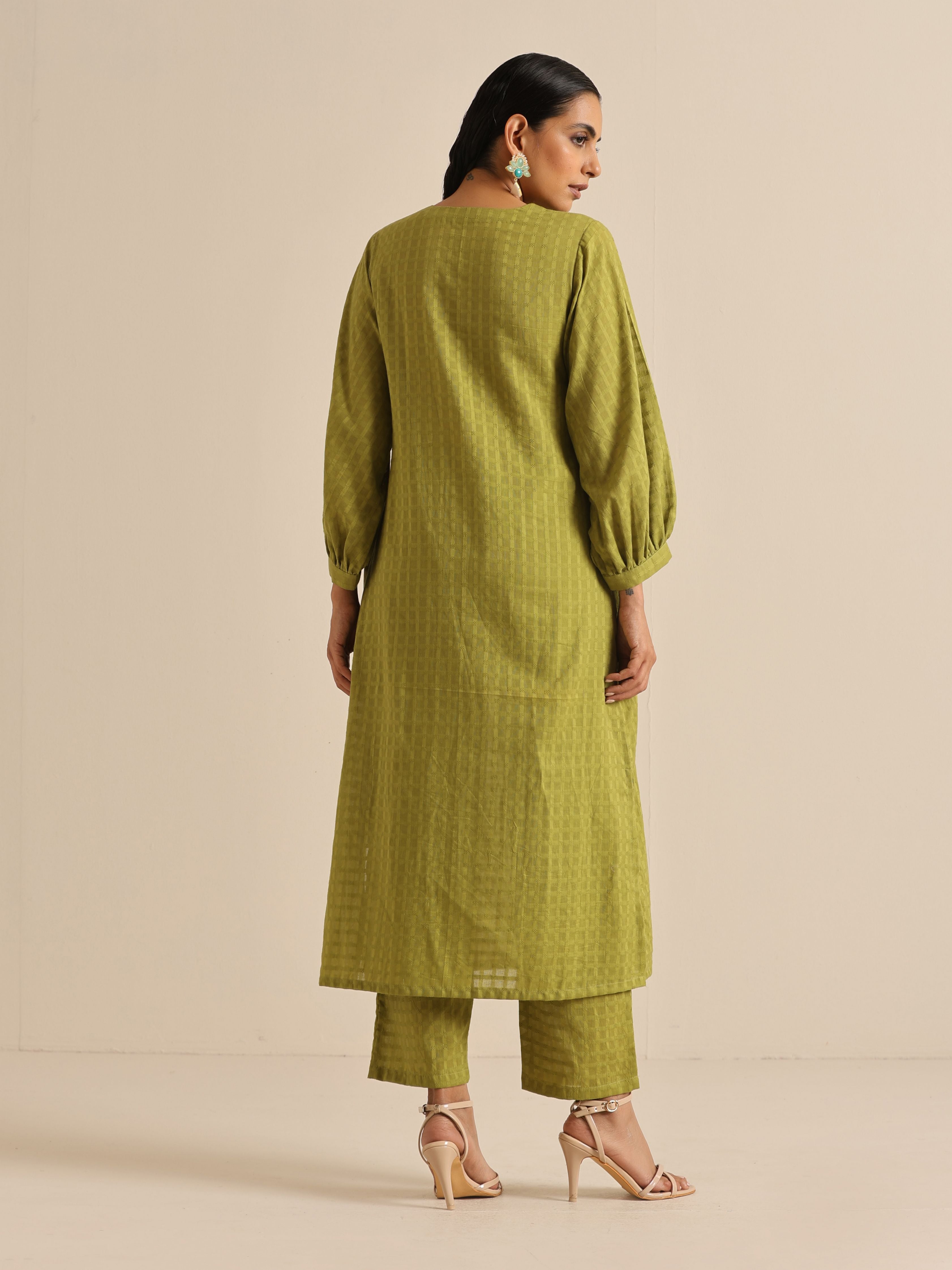 trueBrowns Fresh Green Dobby Puff Sleeve Kurta Pant Set - Distacart