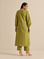 Thumbnail for trueBrowns Fresh Green Dobby Puff Sleeve Kurta Pant Set - Distacart