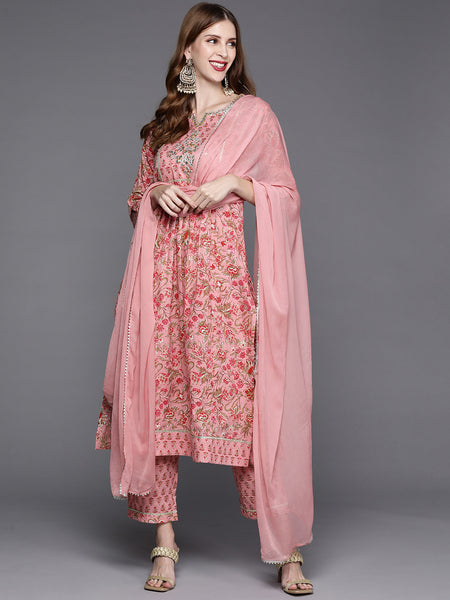 Varanga Floral Printed Embroidered Kurta With Straight Pant And Chiffon Dupatta