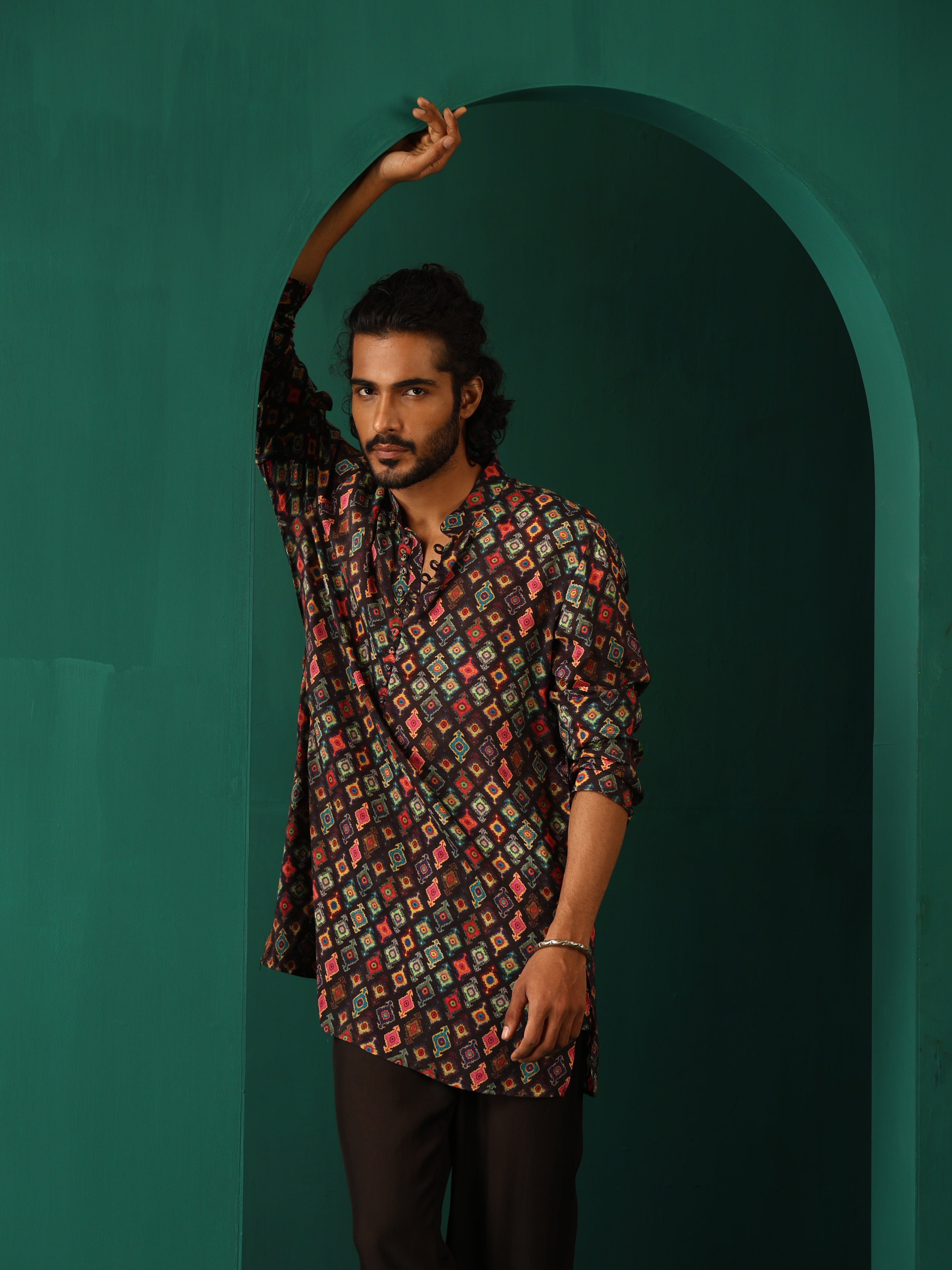 trueBrowns Men's Black Ikat Muslin Silk Printed Co-ord Set - Distacart