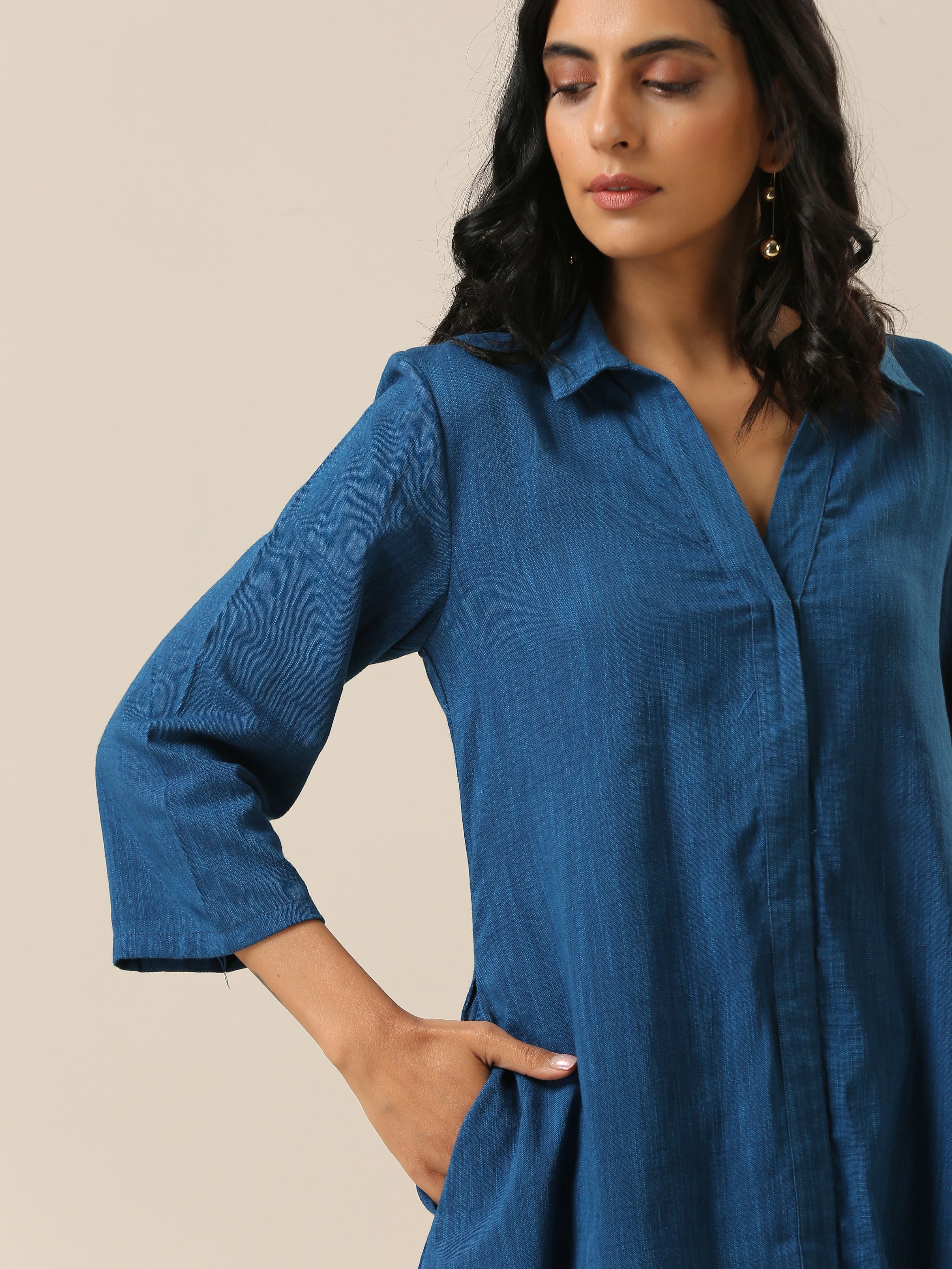 trueBrowns Classic Blue Slub Texture Collar Short Co-Ord Set - Distacart